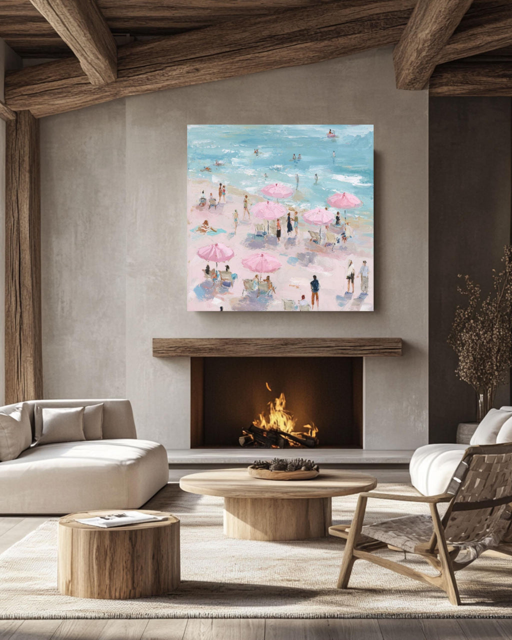 Pastel Beach Art Print: Pink Umbrellas, Maira Kalman Style Canvas Wall Art – Modern Decor Print