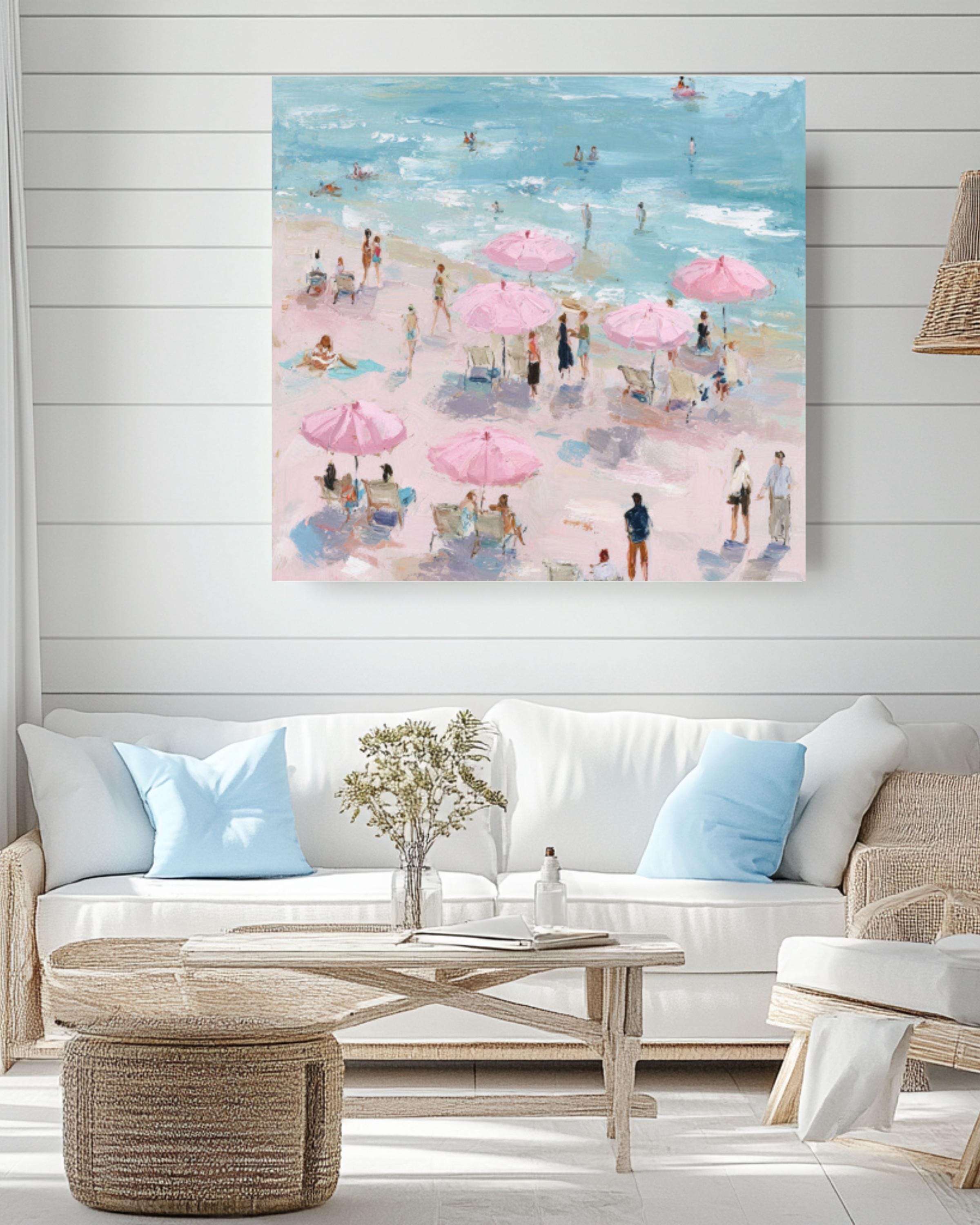 Pastel Beach Art Print: Pink Umbrellas, Maira Kalman Style Canvas Wall Art – Modern Decor Print