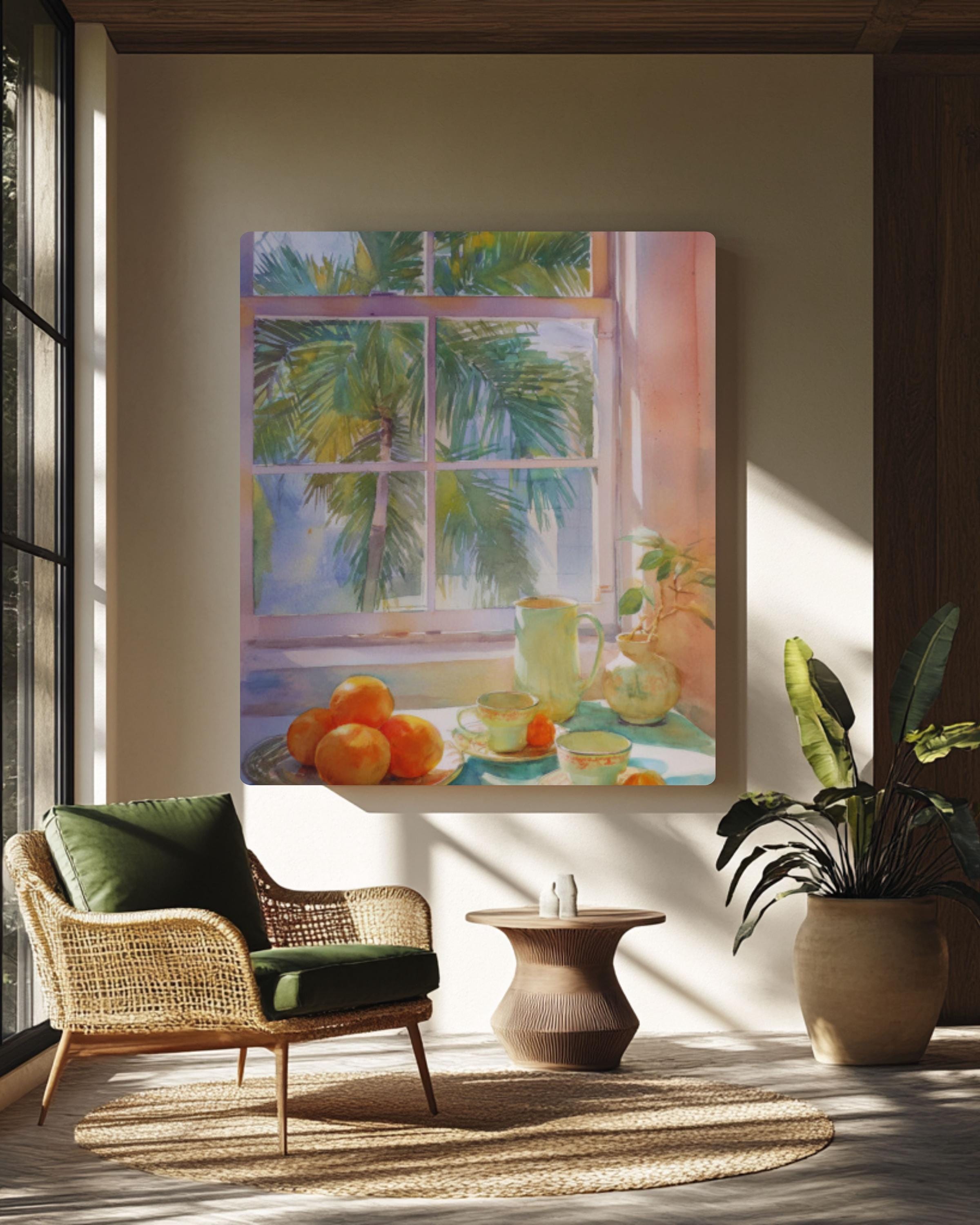 Pastel Kitchen Wall Art | Oranges Teacups & Palm Tree Window Print