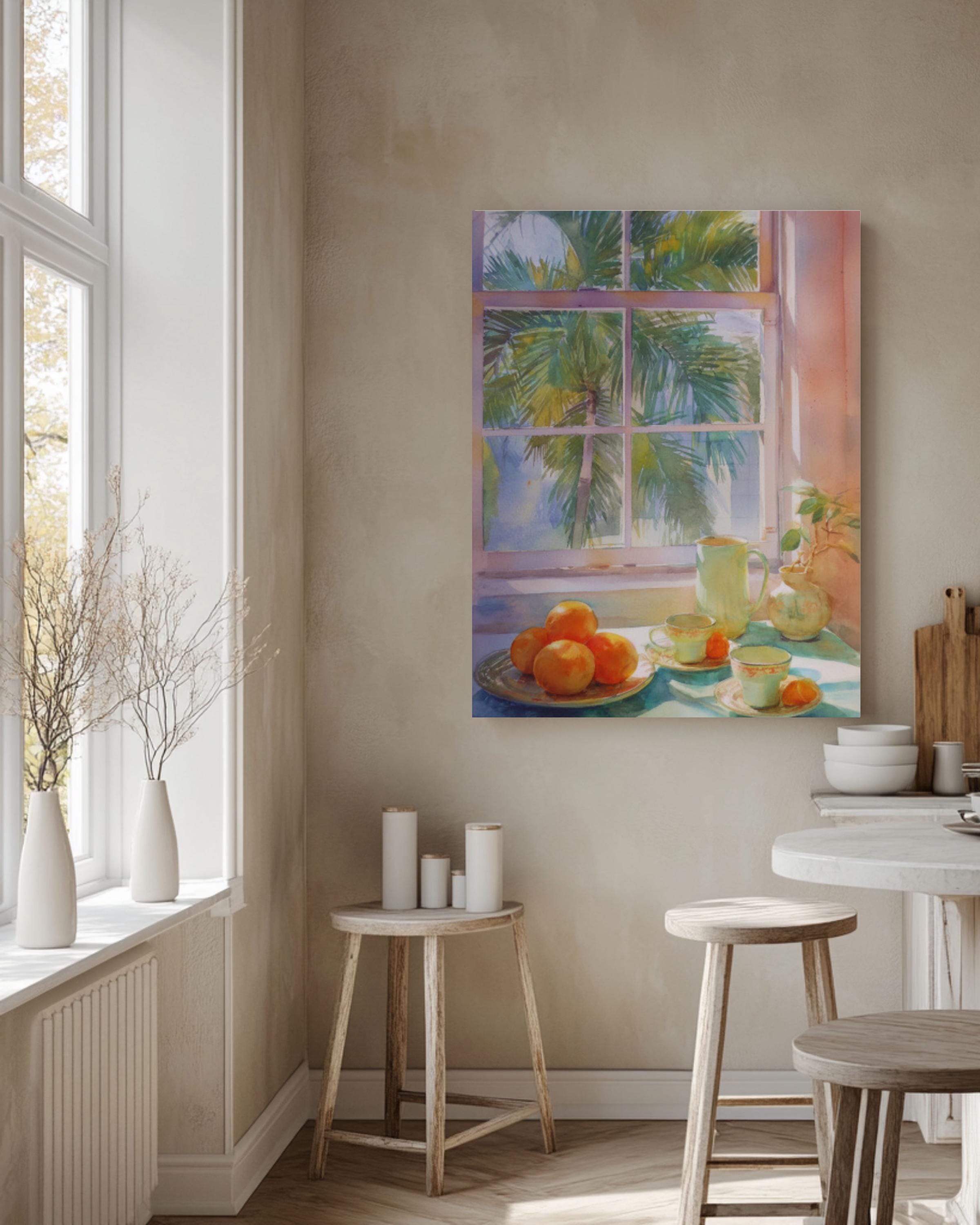 Pastel Kitchen Wall Art | Oranges Teacups & Palm Tree Window Print