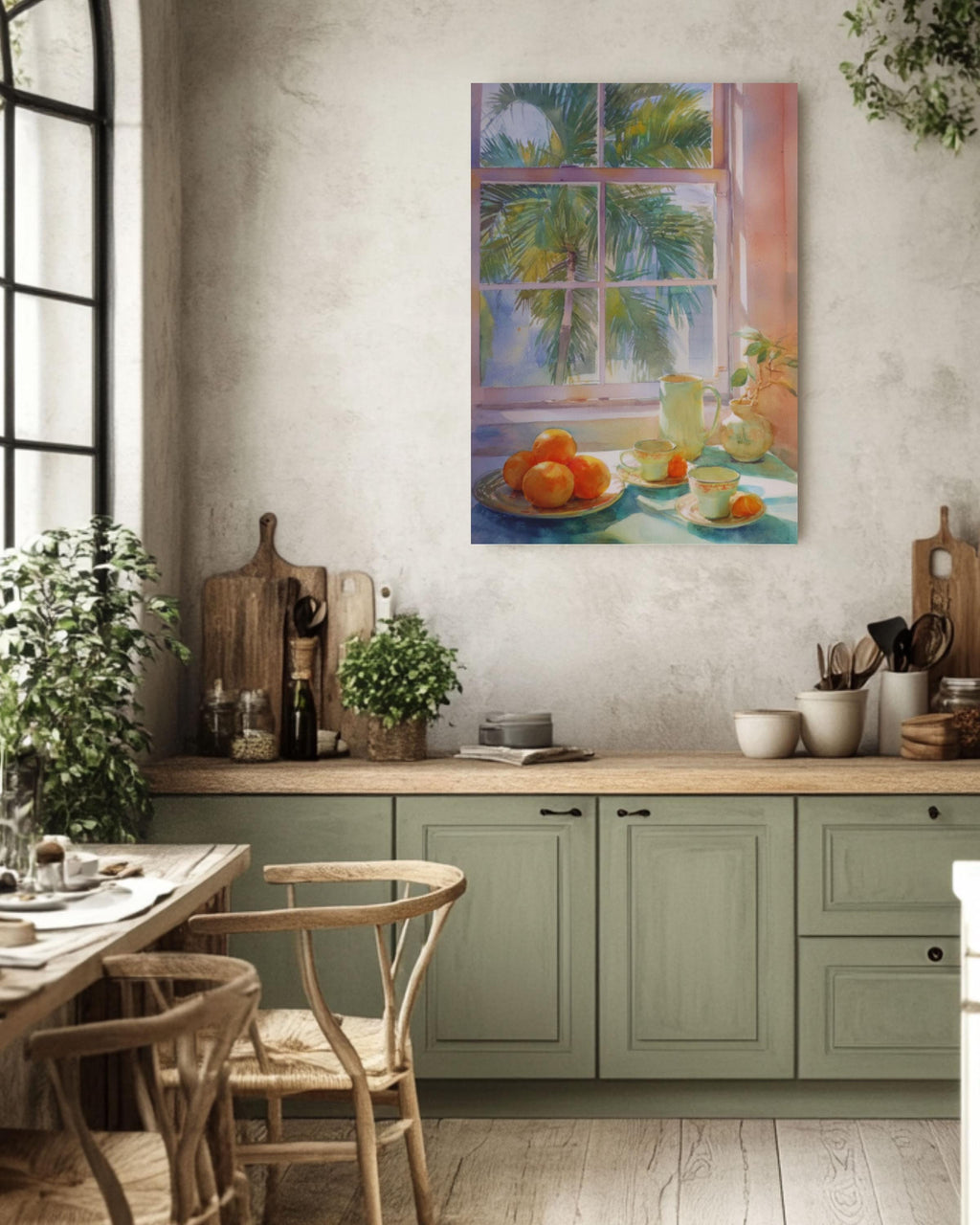 Pastel Kitchen Wall Art | Oranges Teacups & Palm Tree Window Print