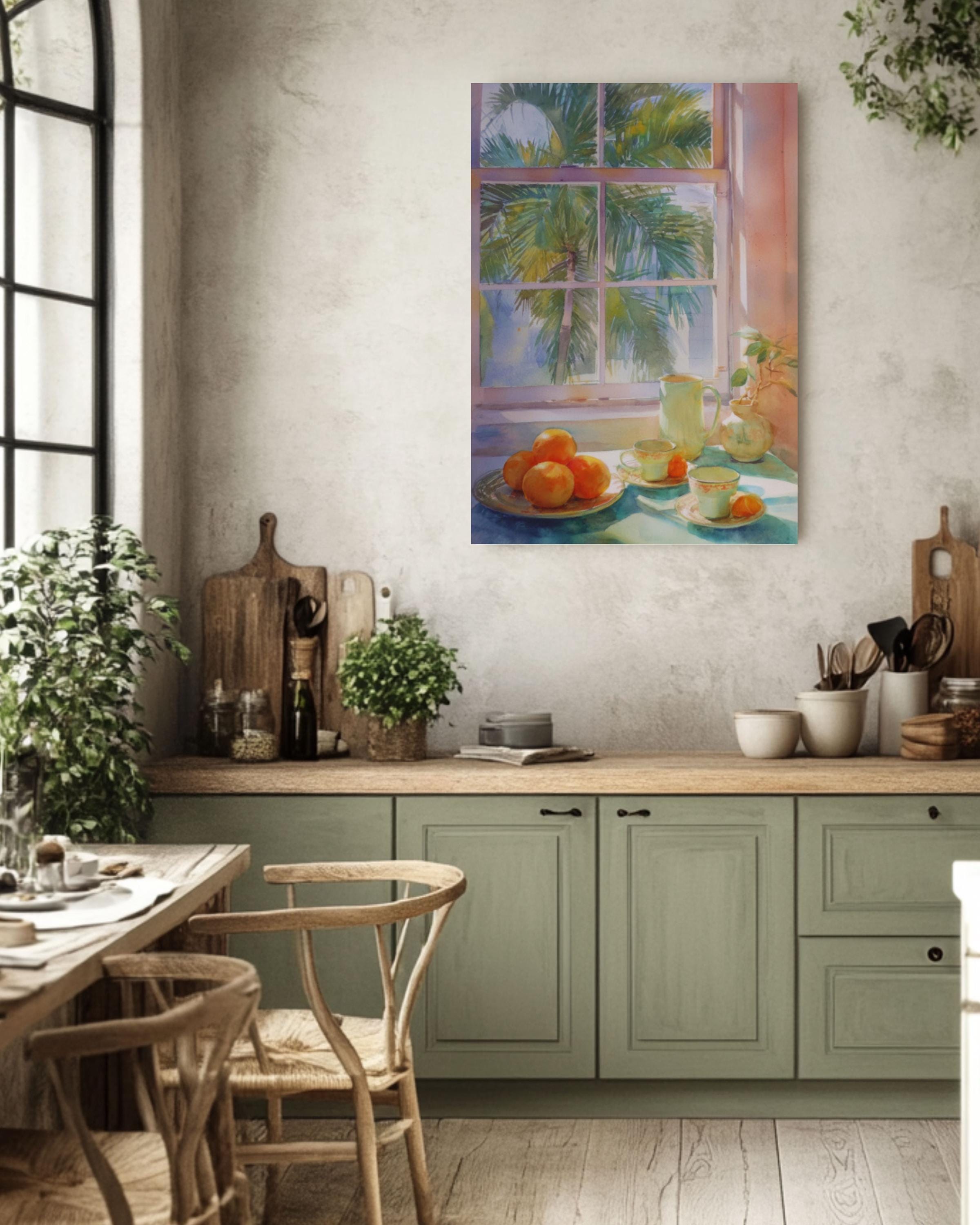 Pastel Kitchen Wall Art | Oranges Teacups & Palm Tree Window Print