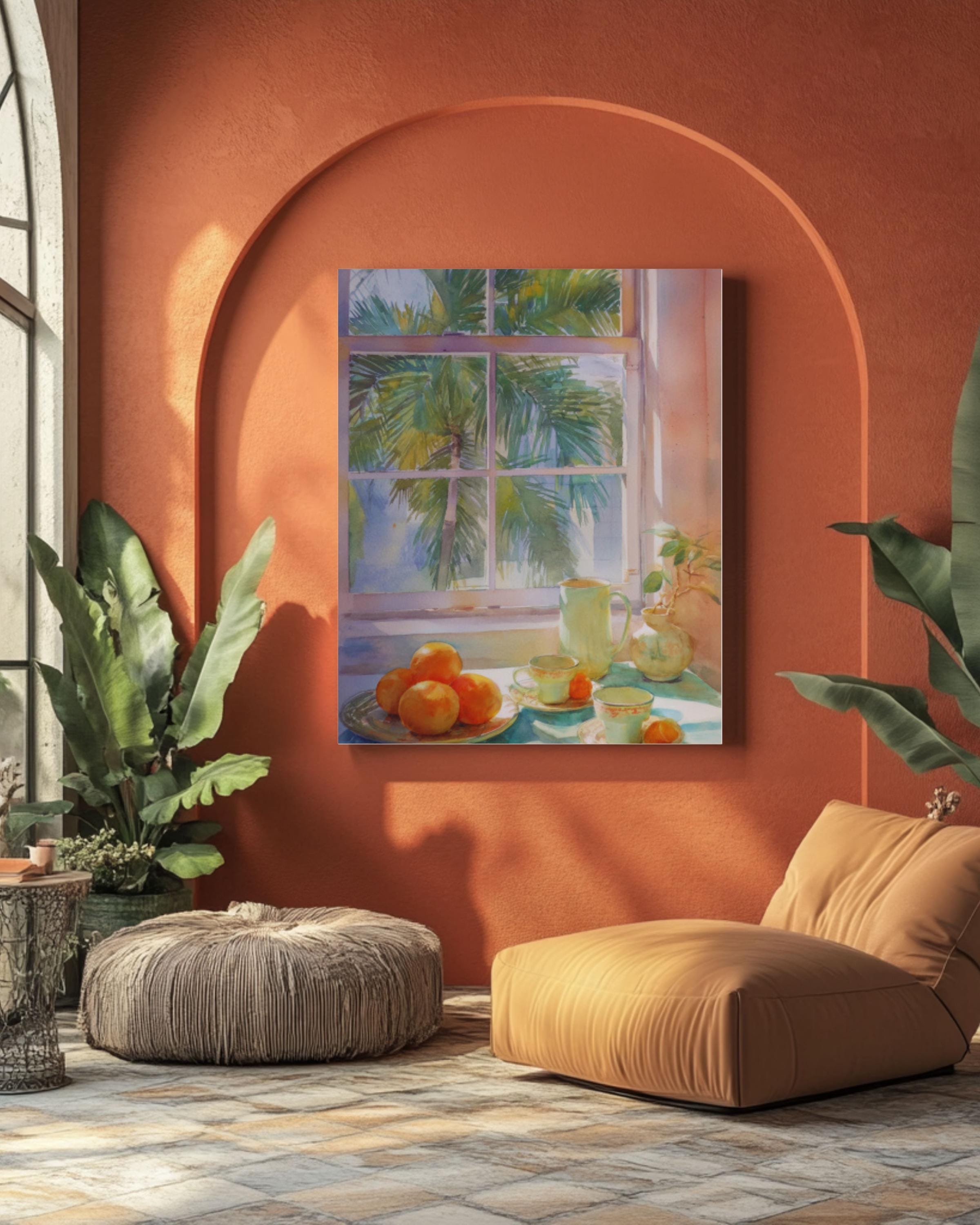Pastel Kitchen Wall Art | Oranges Teacups & Palm Tree Window Print