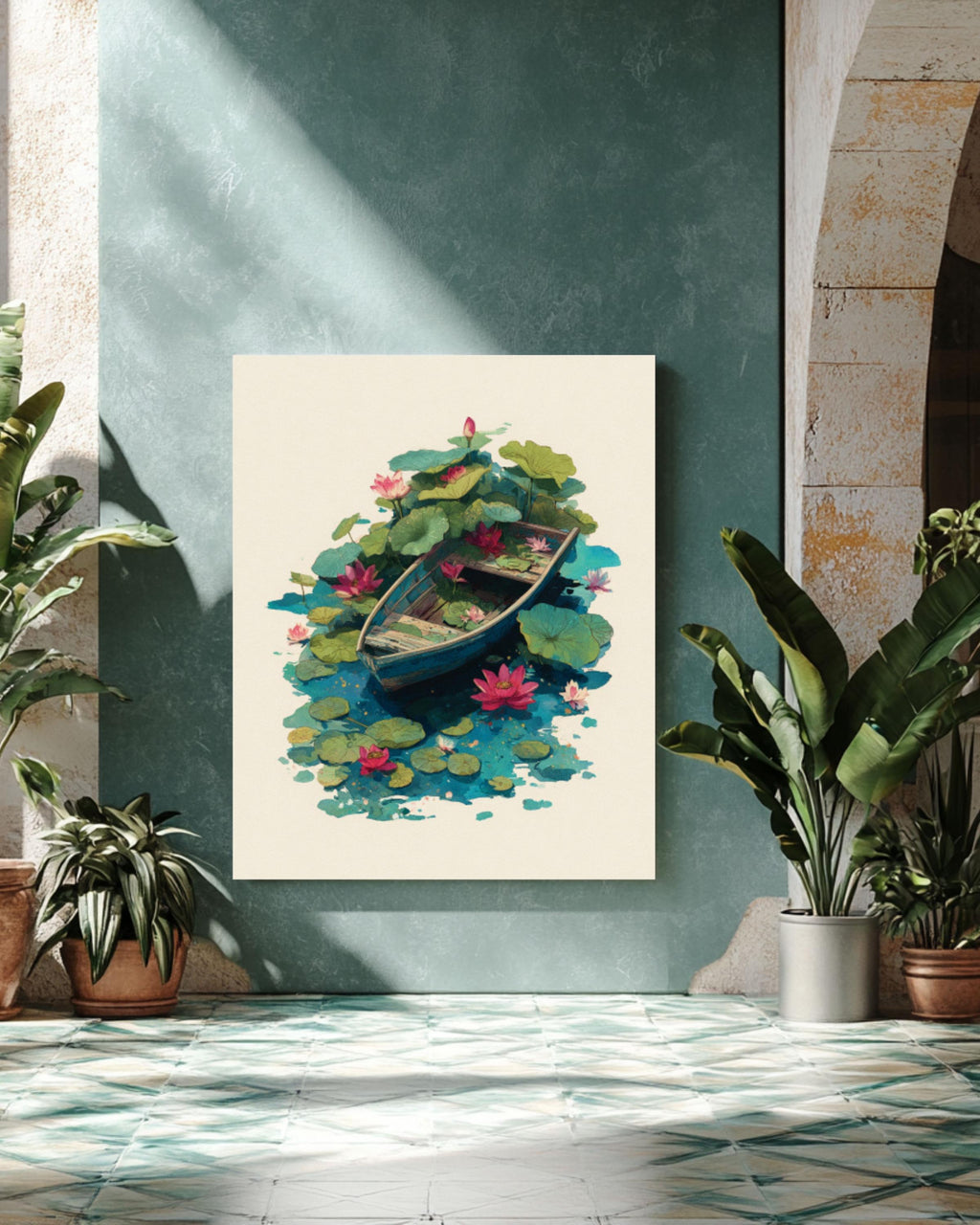 Lotus Flower Boat Wall Art | Minimalist Oil & Watercolor Canvas Print