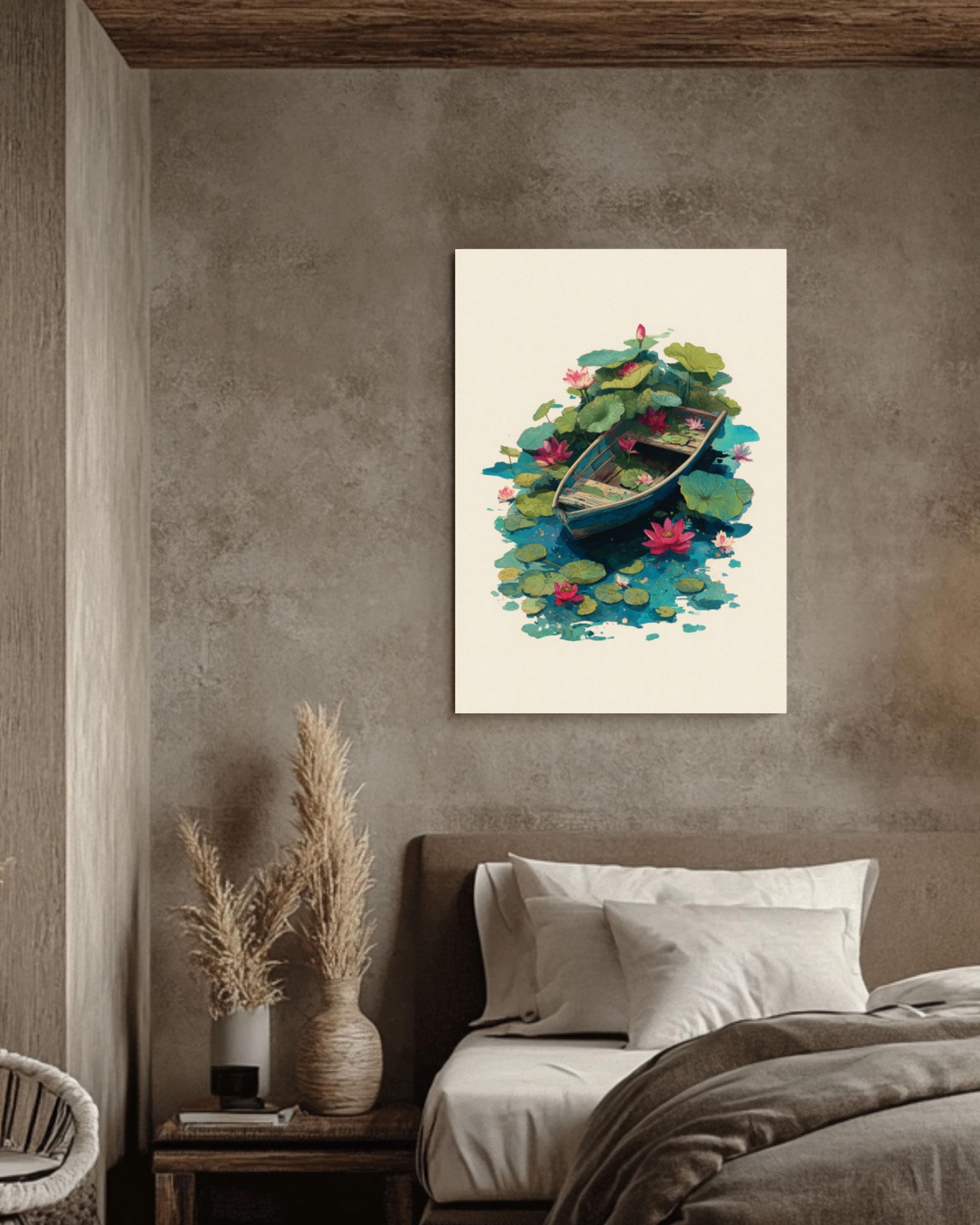 Lotus Flower Boat Wall Art | Minimalist Oil & Watercolor Canvas Print