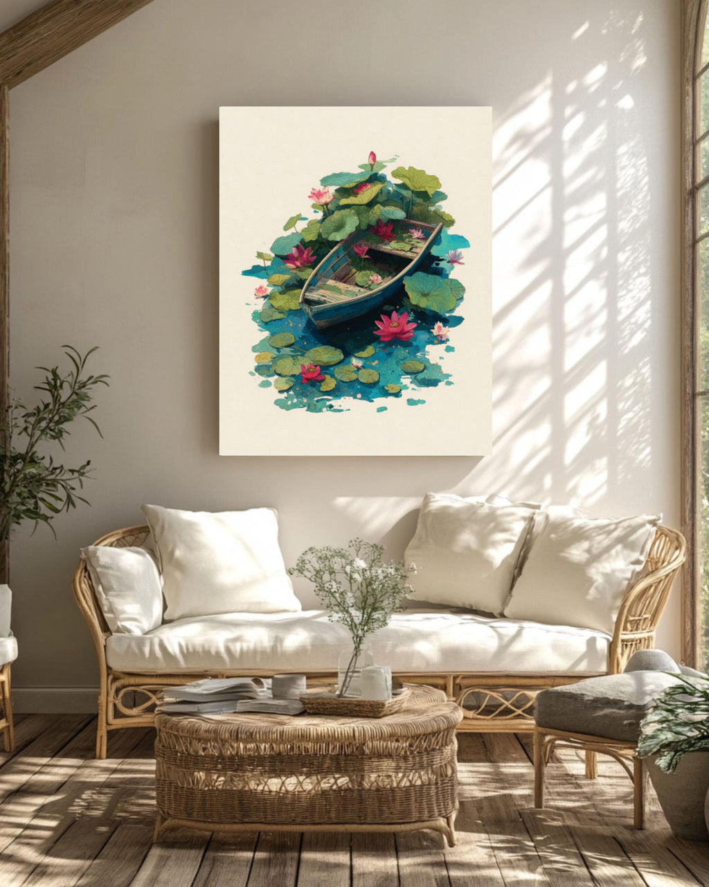 Lotus Flower Boat Wall Art | Minimalist Oil & Watercolor Canvas Print