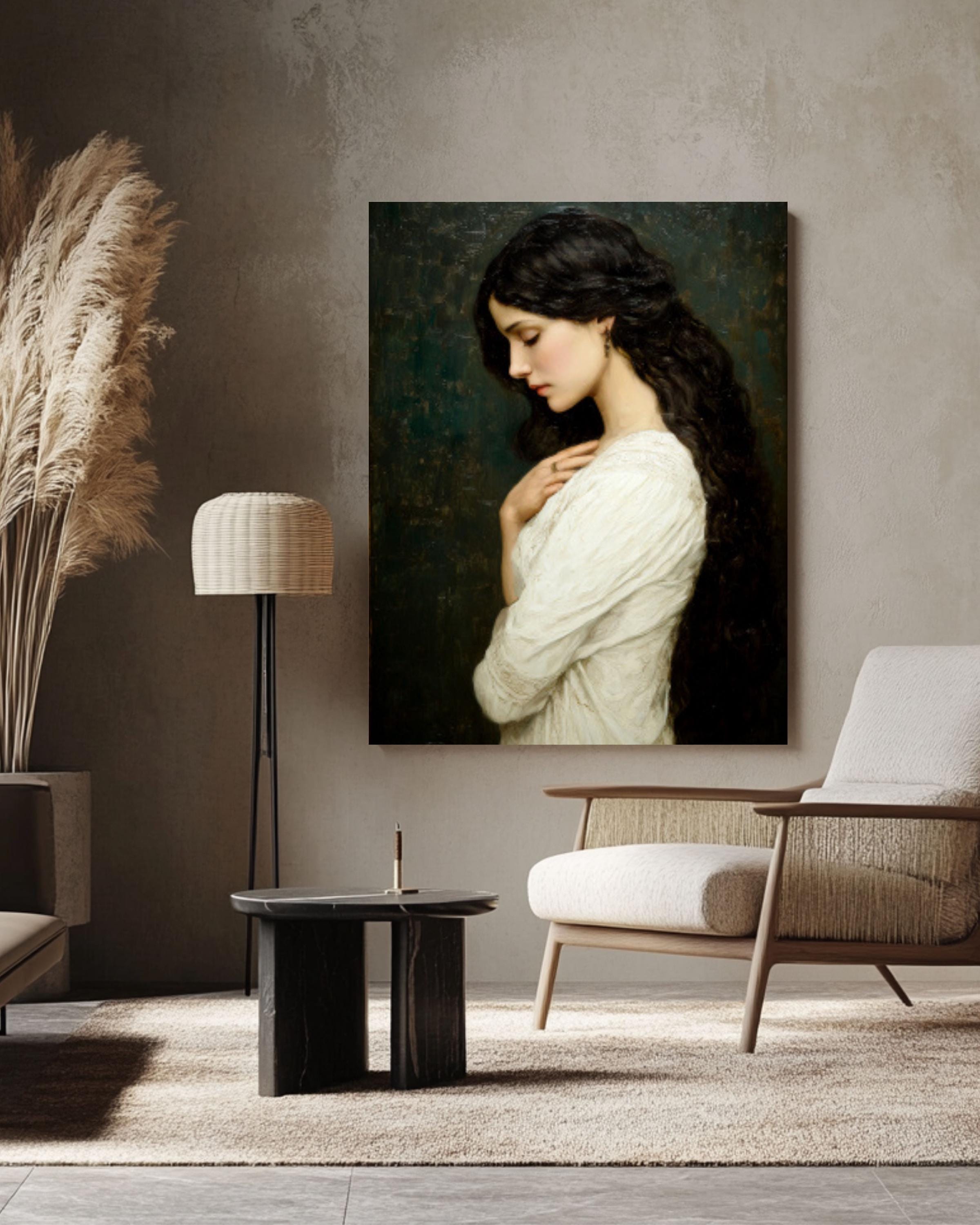 Maxence Style Woman Portrait: Elegant Feminine Art Print Canvas Wall Art – Modern Decor Print