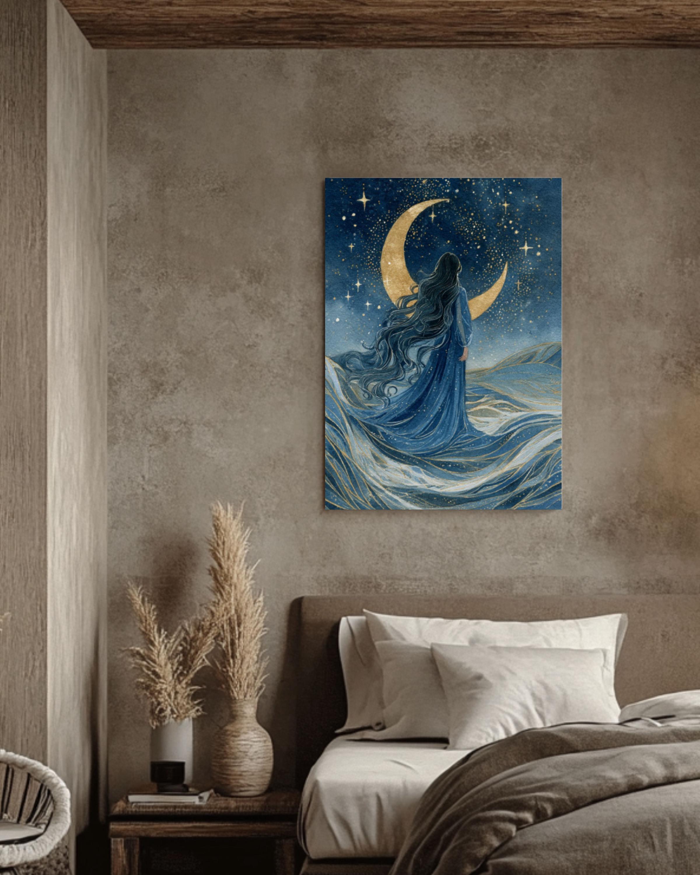 Moon Goddess Watercolor Art: Mystical Ocean Night Sky Canvas or Poster Canvas Wall Art – Modern Decor Print
