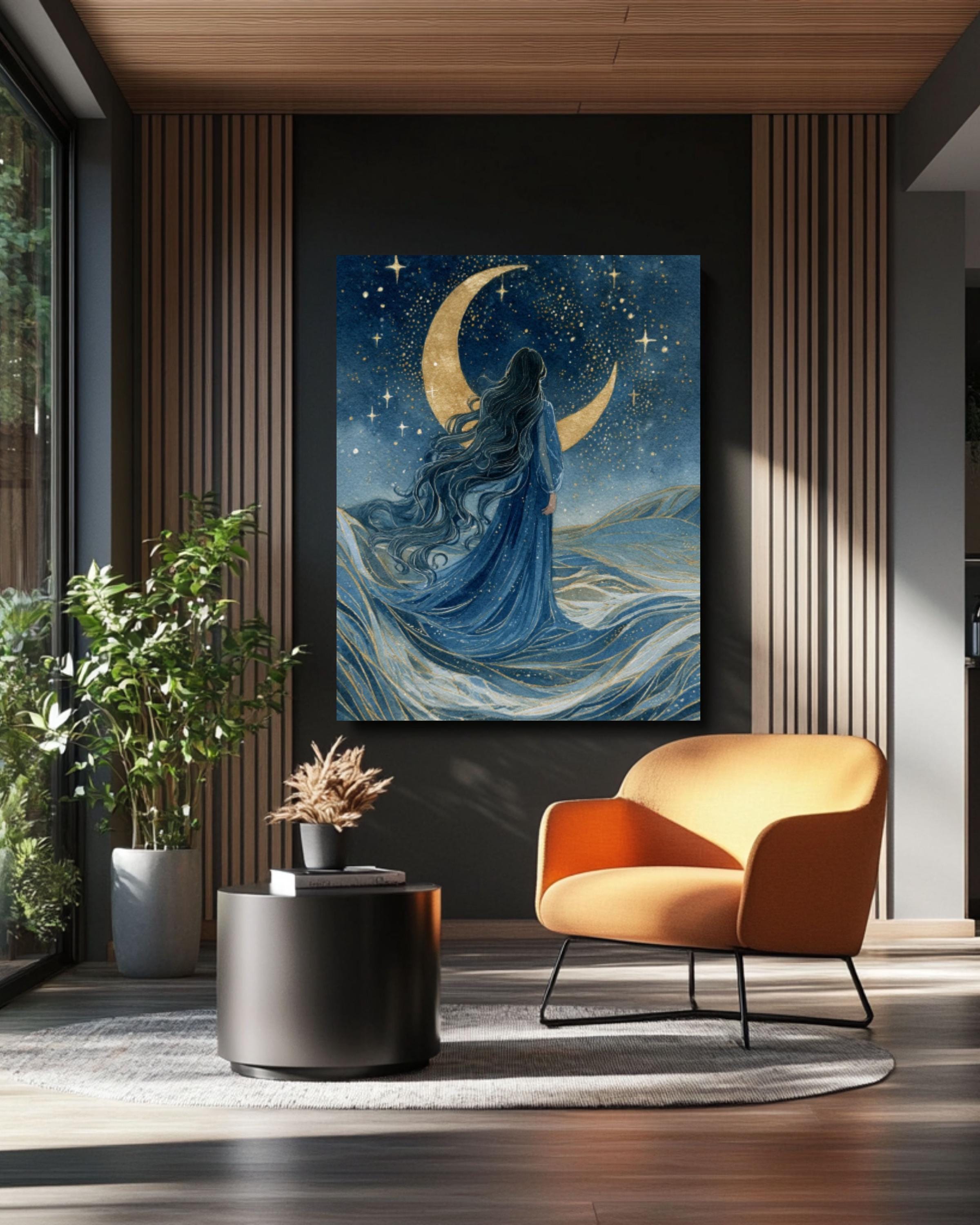 Moon Goddess Watercolor Art: Mystical Ocean Night Sky Canvas or Poster Canvas Wall Art – Modern Decor Print