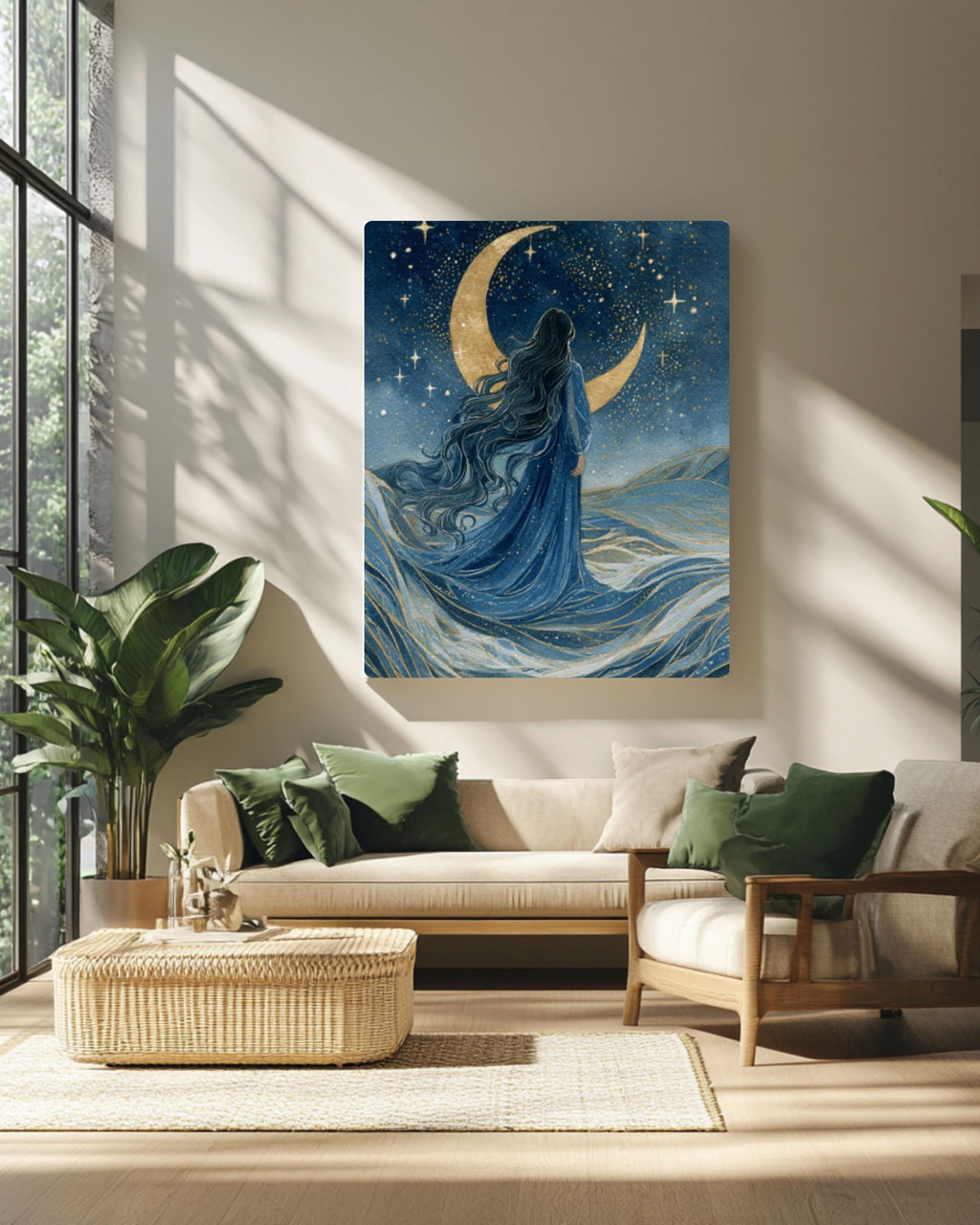 Moon Goddess Watercolor Art: Mystical Ocean Night Sky Canvas or Poster Canvas Wall Art – Modern Decor Print