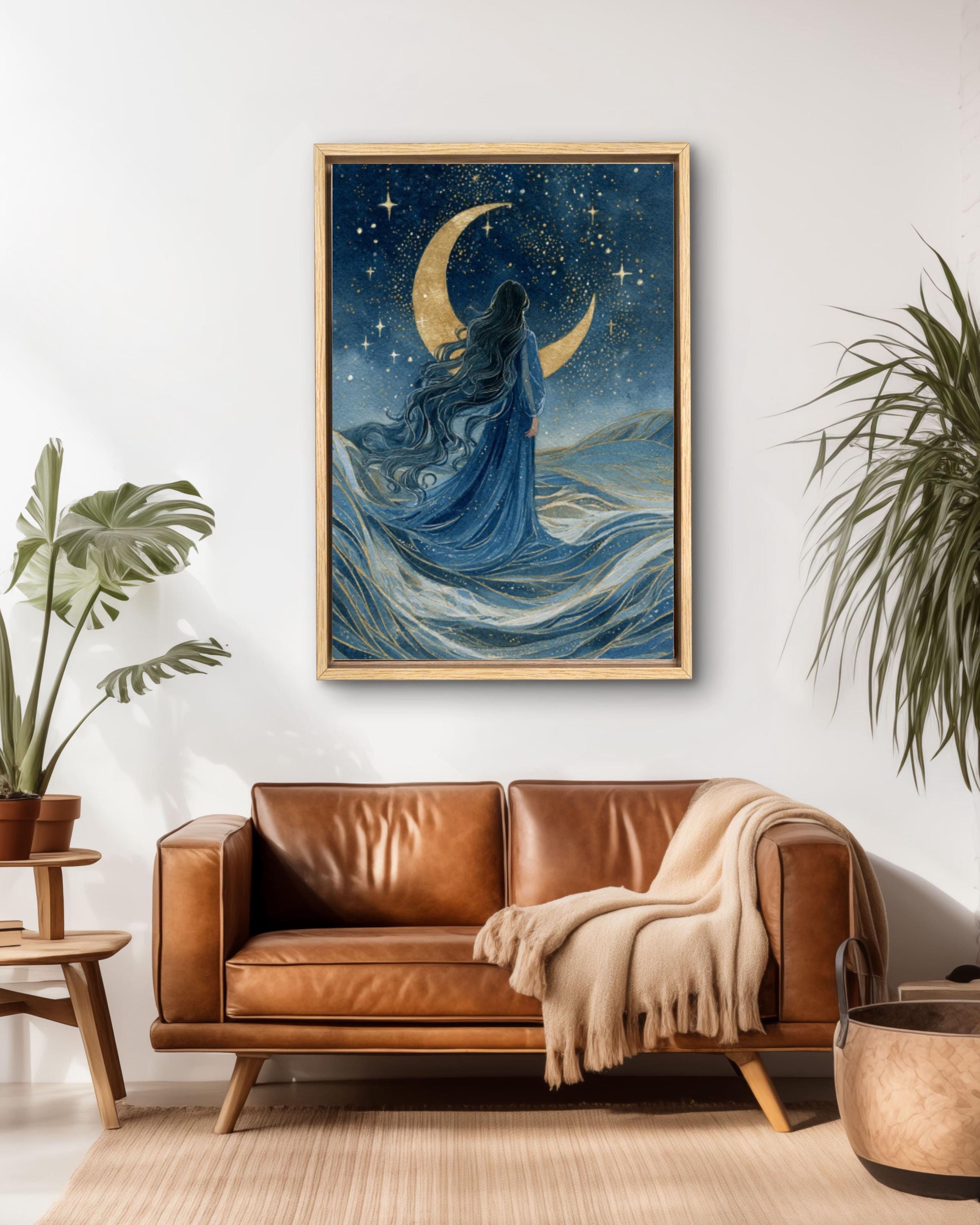 Moon Goddess Watercolor Art: Mystical Ocean Night Sky Canvas or Poster Canvas Wall Art – Modern Decor Print
