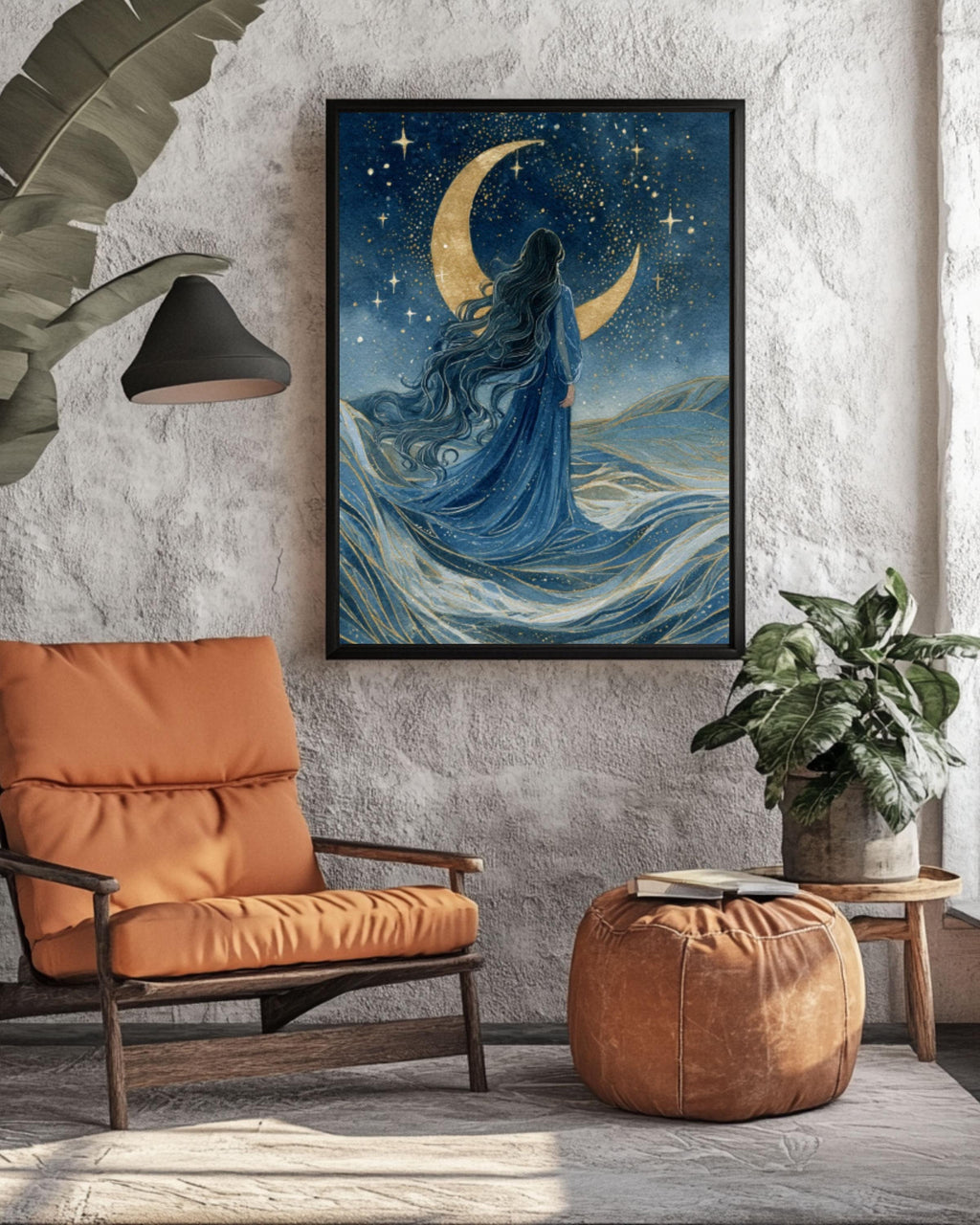 Moon Goddess Watercolor Art: Mystical Ocean Night Sky Canvas or Poster Canvas Wall Art – Modern Decor Print