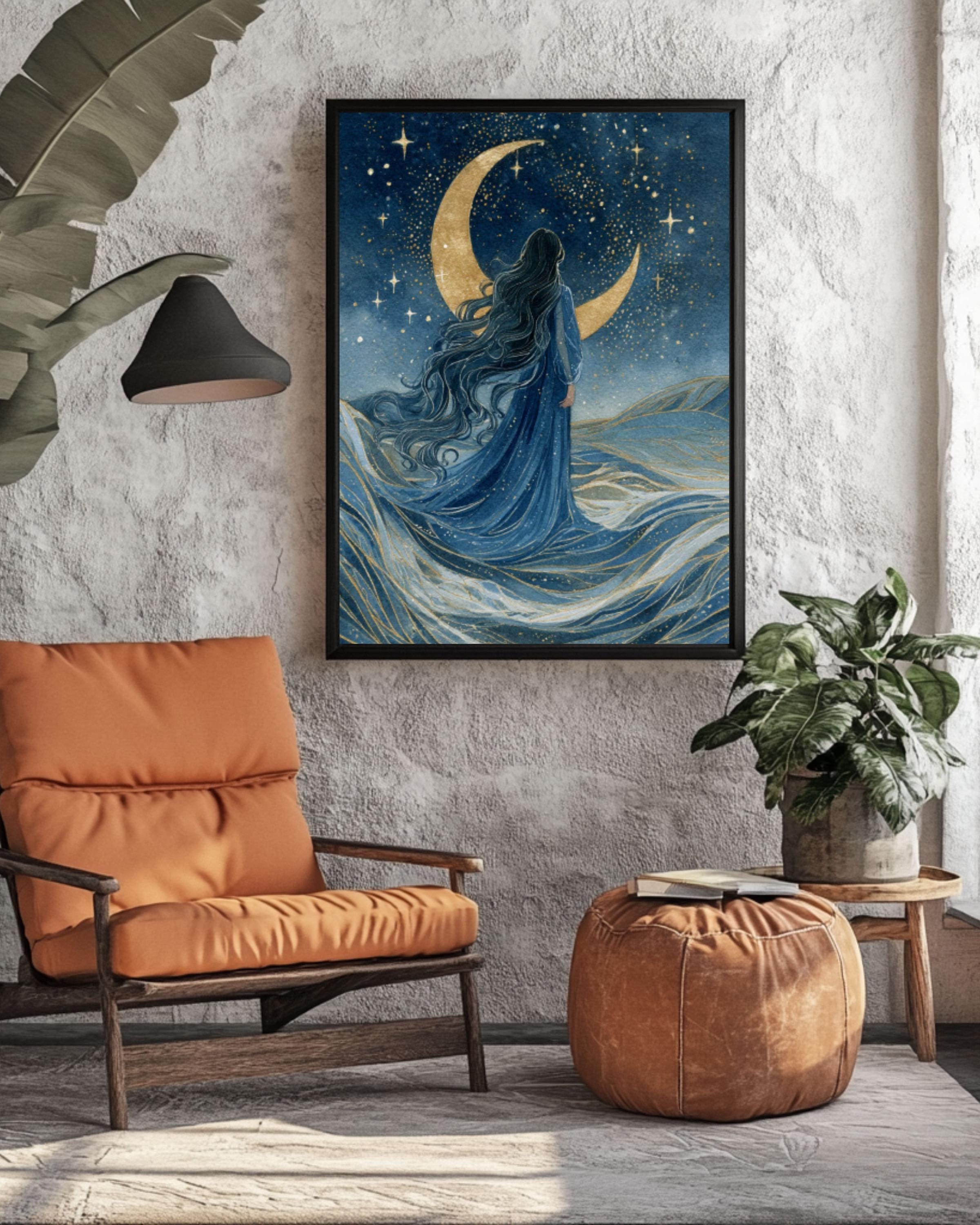 Moon Goddess Watercolor Art: Mystical Ocean Night Sky Canvas or Poster Canvas Wall Art – Modern Decor Print