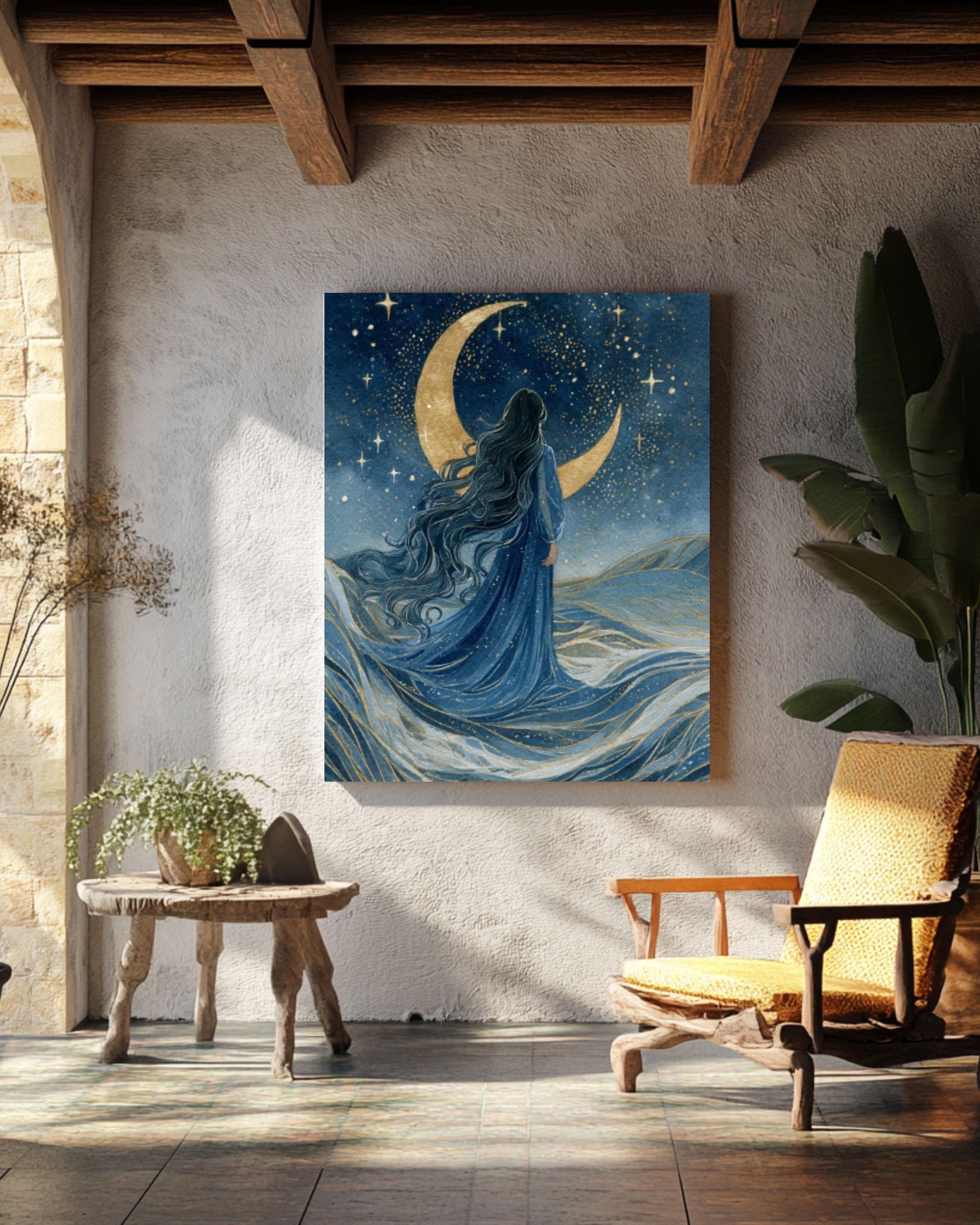 Moon Goddess Watercolor Art: Mystical Ocean Night Sky Canvas or Poster Canvas Wall Art – Modern Decor Print