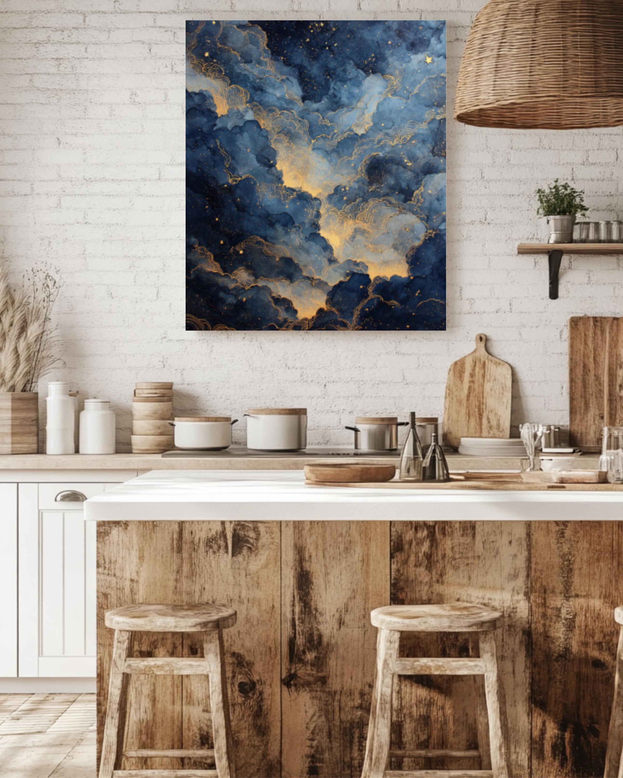 Ethereal Night Sky Watercolor Print: Gold Dust Stars, Celestial Wall Art Canvas Wall Art – Modern Decor Print
