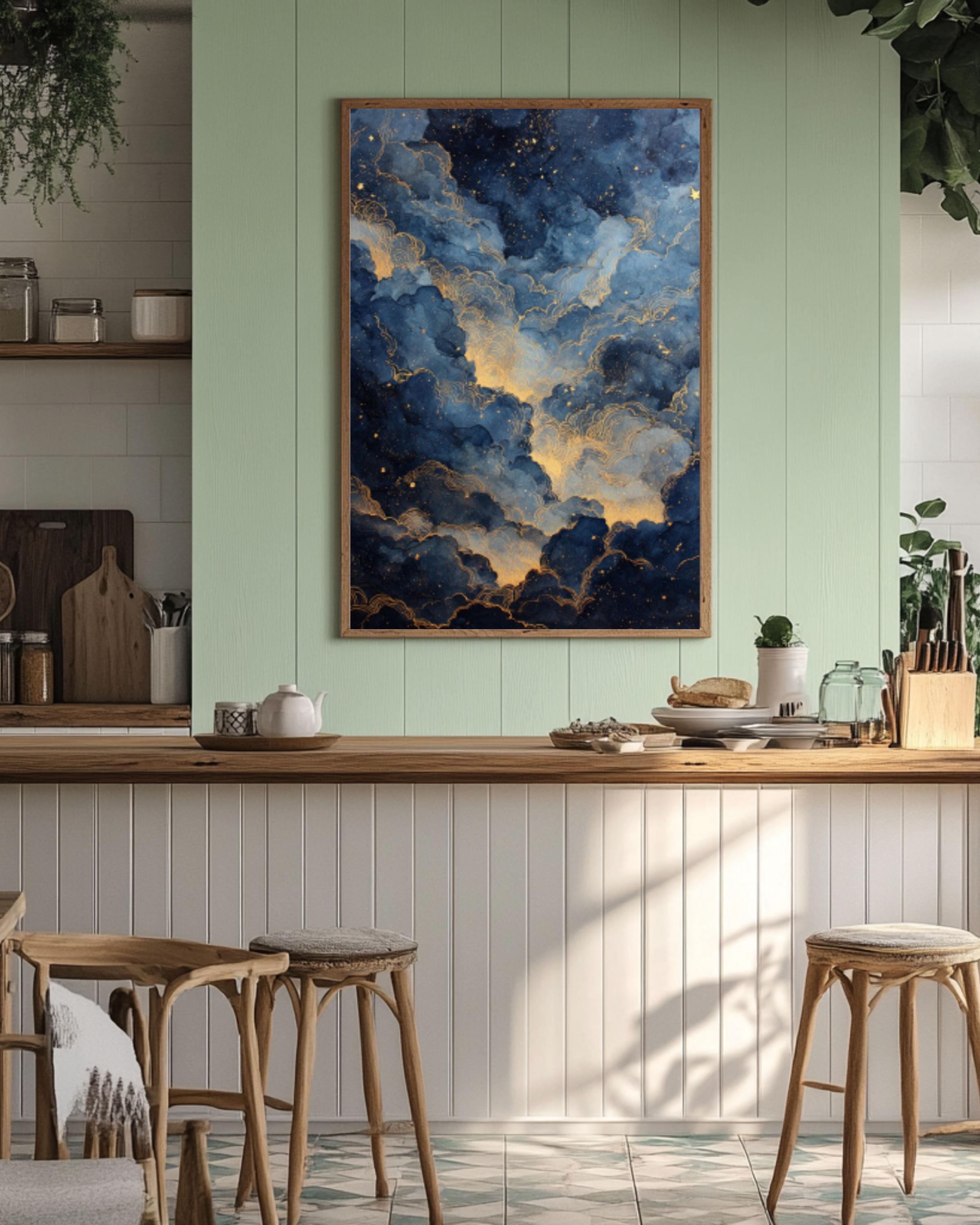 Ethereal Night Sky Watercolor Print: Gold Dust Stars, Celestial Wall Art Canvas Wall Art – Modern Decor Print