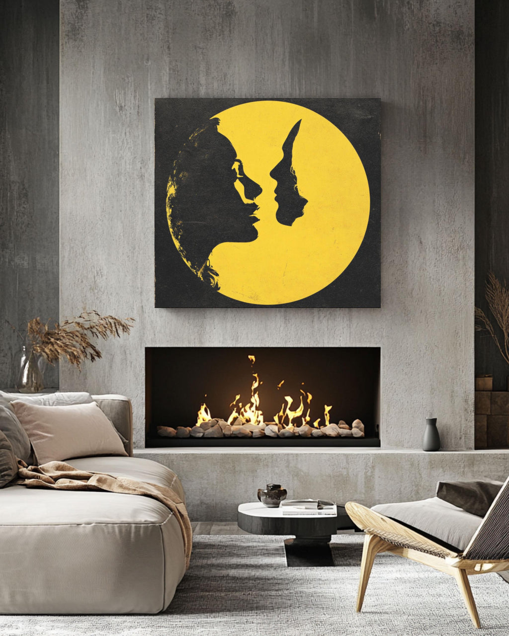 Surreal Moon Lovers Art Print: John Harris Style Celestial Kiss Canvas Wall Art – Modern Decor Print