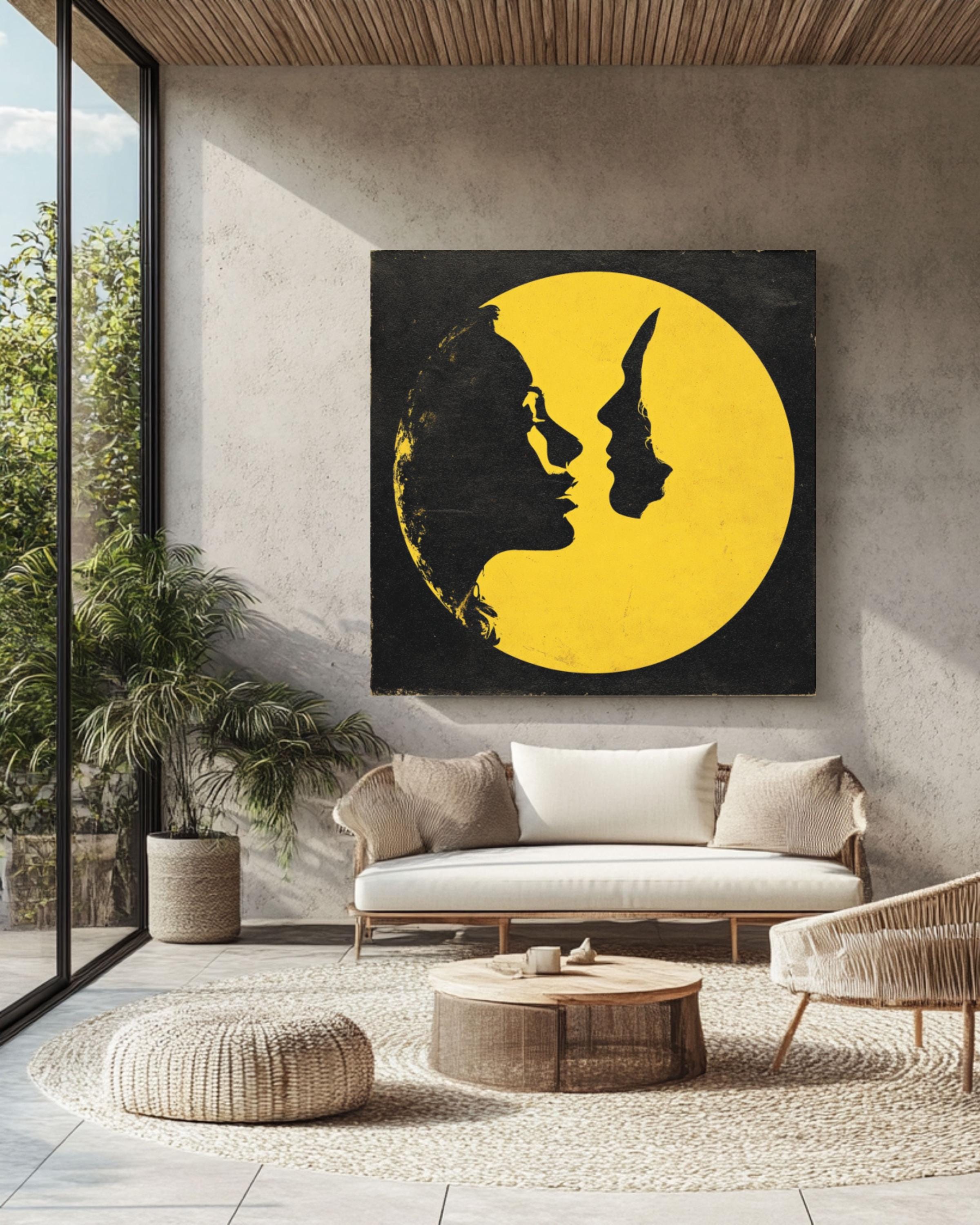 Surreal Moon Lovers Art Print: John Harris Style Celestial Kiss Canvas Wall Art – Modern Decor Print