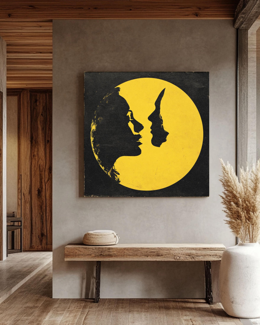 Surreal Moon Lovers Art Print: John Harris Style Celestial Kiss Canvas Wall Art – Modern Decor Print