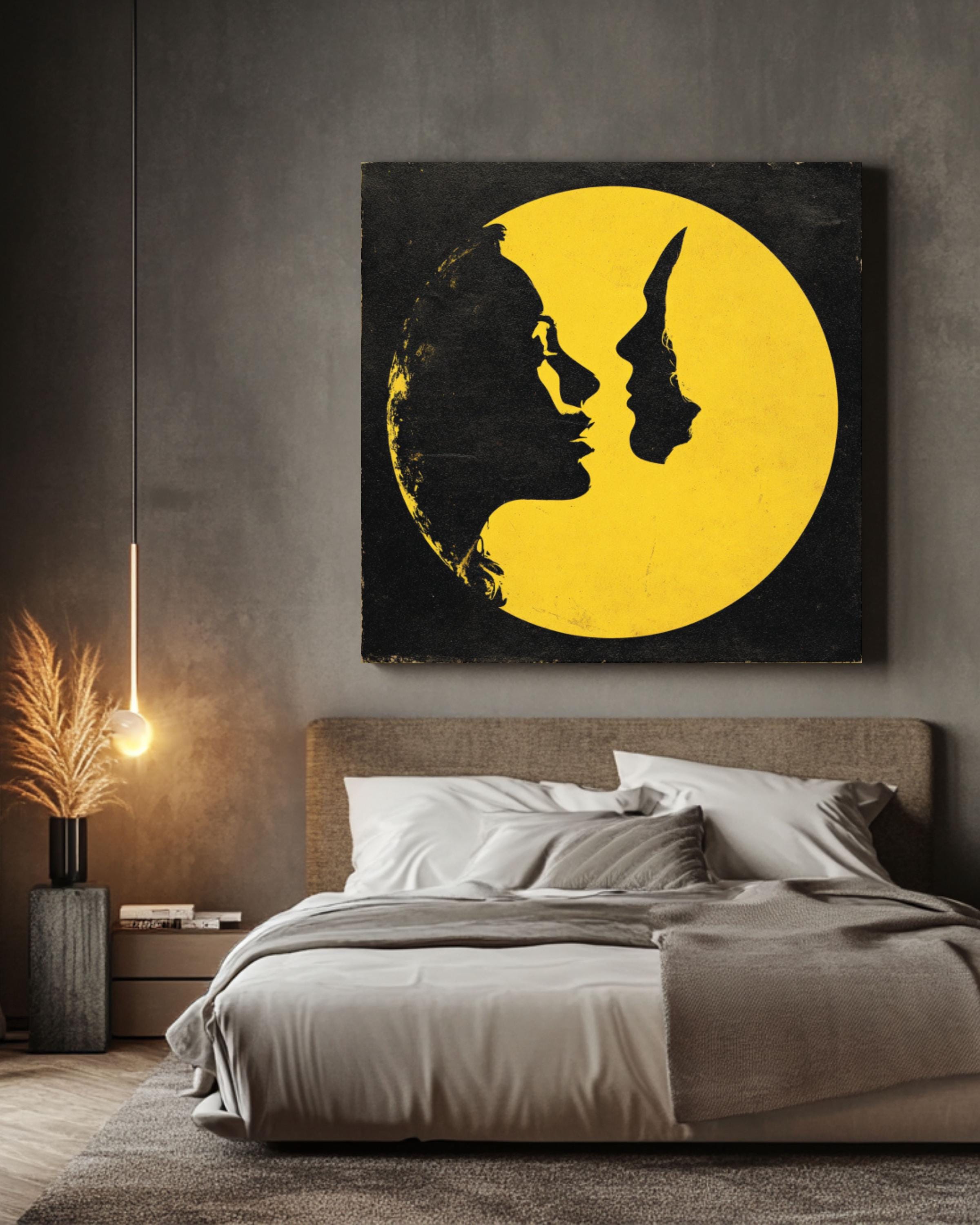 Surreal Moon Lovers Art Print: John Harris Style Celestial Kiss Canvas Wall Art – Modern Decor Print