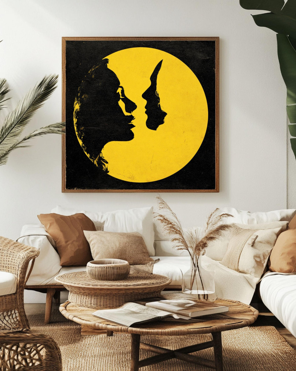 Surreal Moon Lovers Art Print: John Harris Style Celestial Kiss Canvas Wall Art – Modern Decor Print