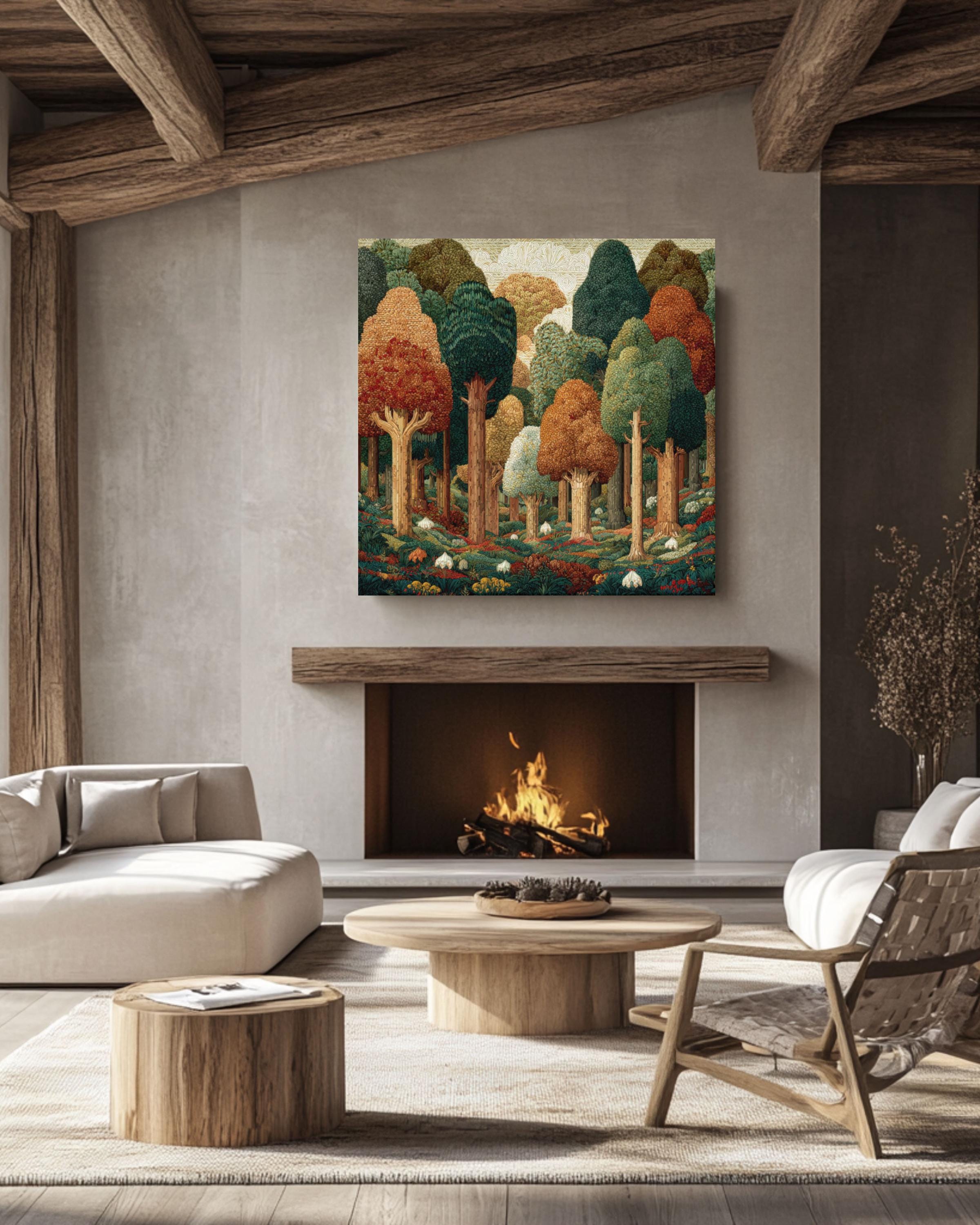 William Morris Style Forest Art Print: Geometric Trees, Fall Colors Canvas Wall Art – Modern Decor Print