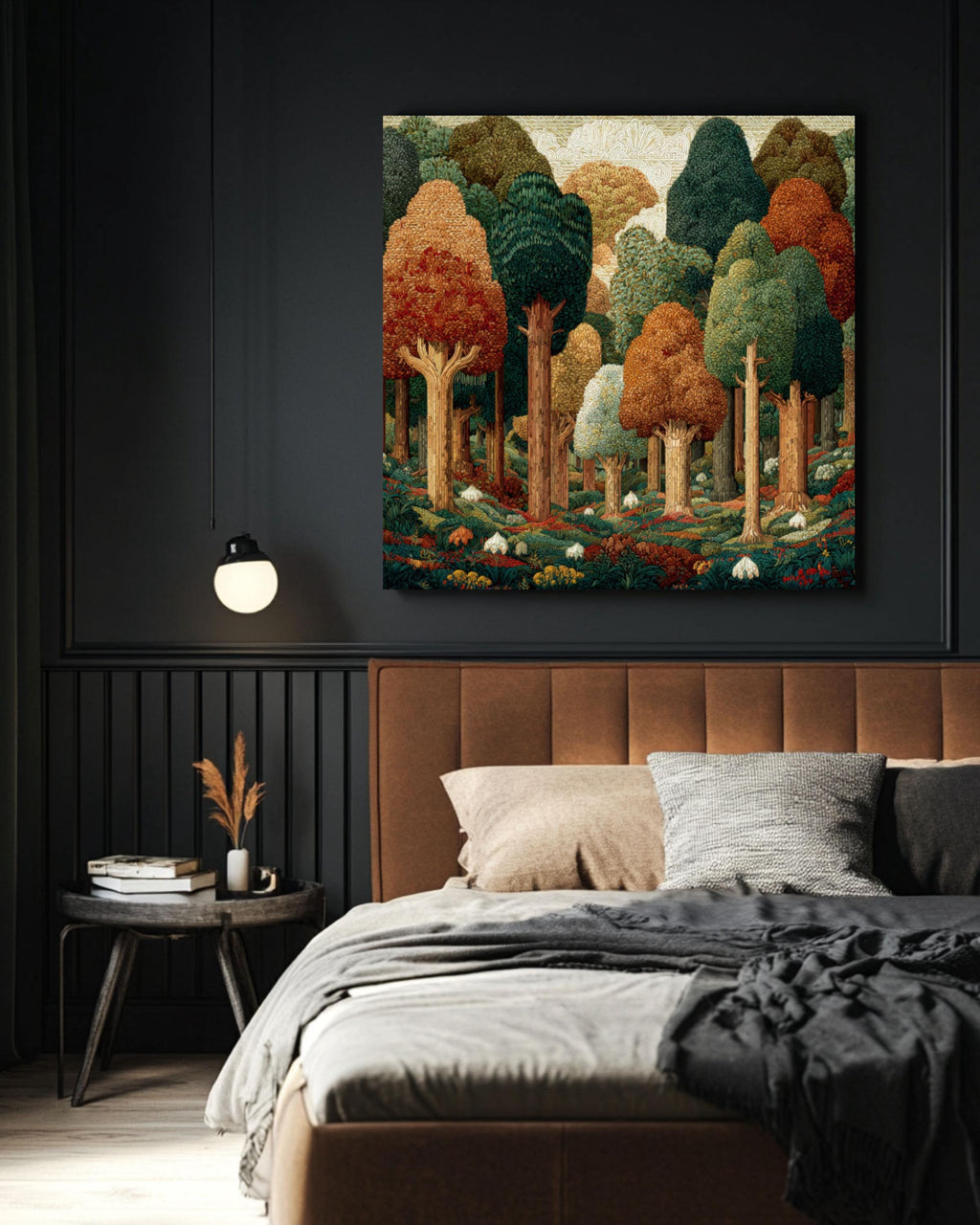 William Morris Style Forest Art Print: Geometric Trees, Fall Colors Canvas Wall Art – Modern Decor Print