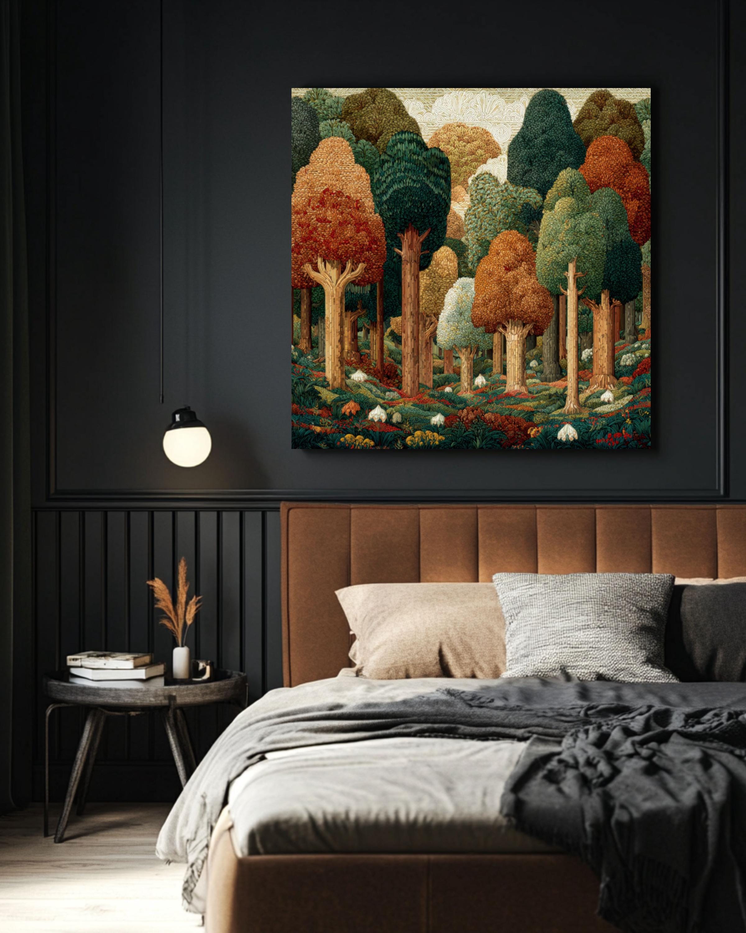 William Morris Style Forest Art Print: Geometric Trees, Fall Colors Canvas Wall Art – Modern Decor Print