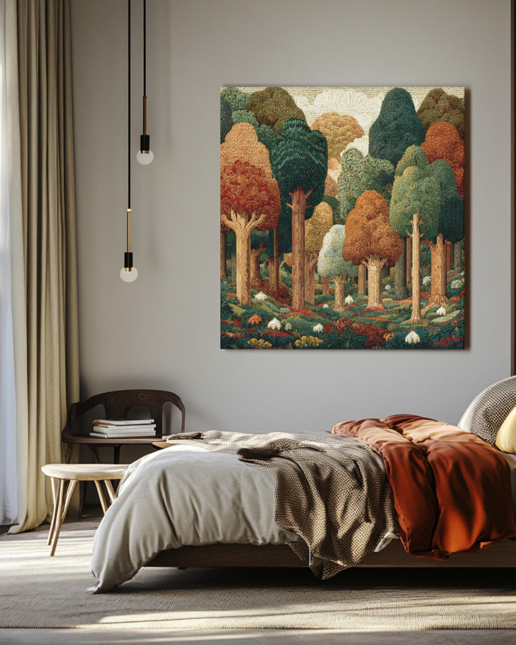 William Morris Style Forest Art Print: Geometric Trees, Fall Colors Canvas Wall Art – Modern Decor Print