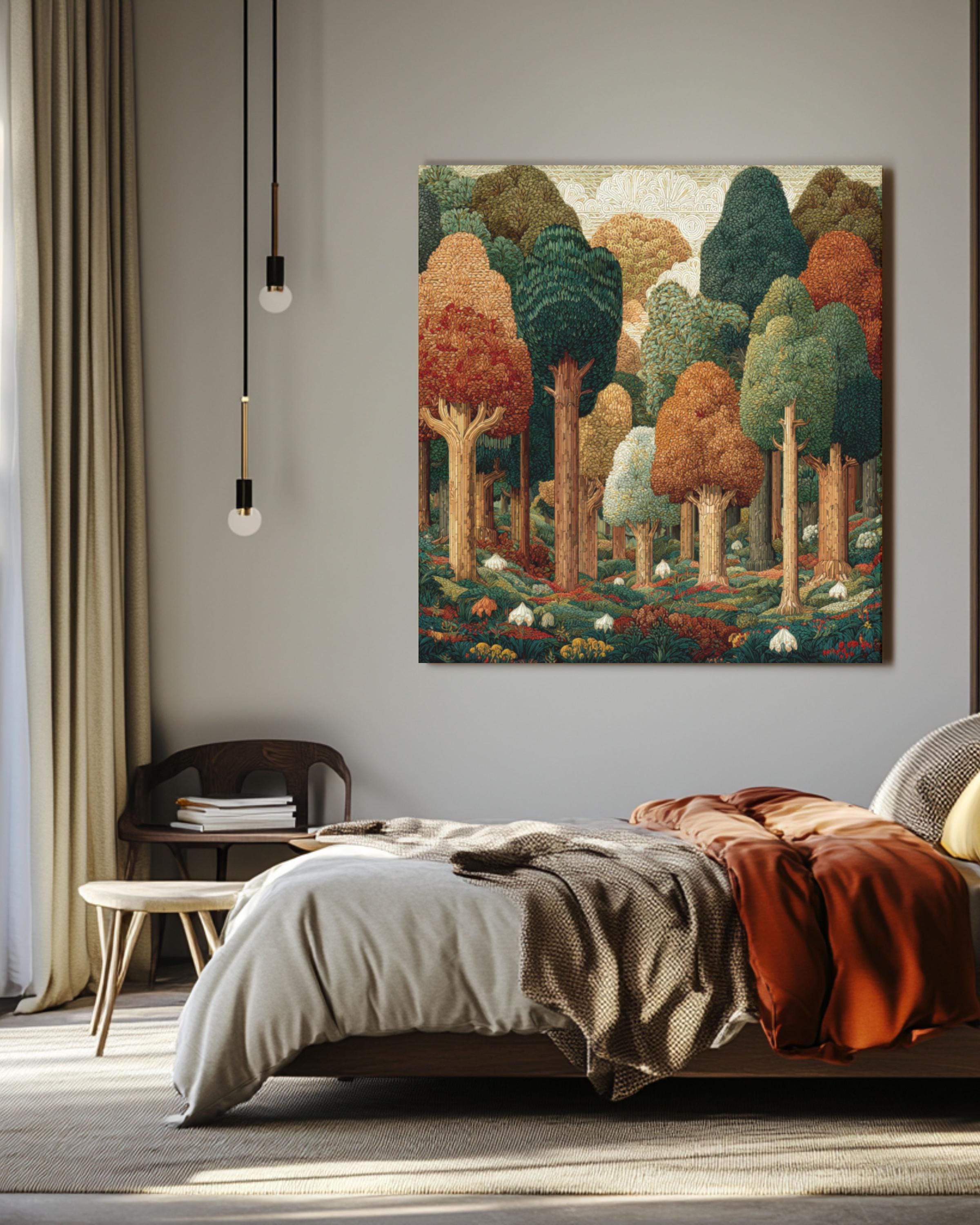 William Morris Style Forest Art Print: Geometric Trees, Fall Colors Canvas Wall Art – Modern Decor Print