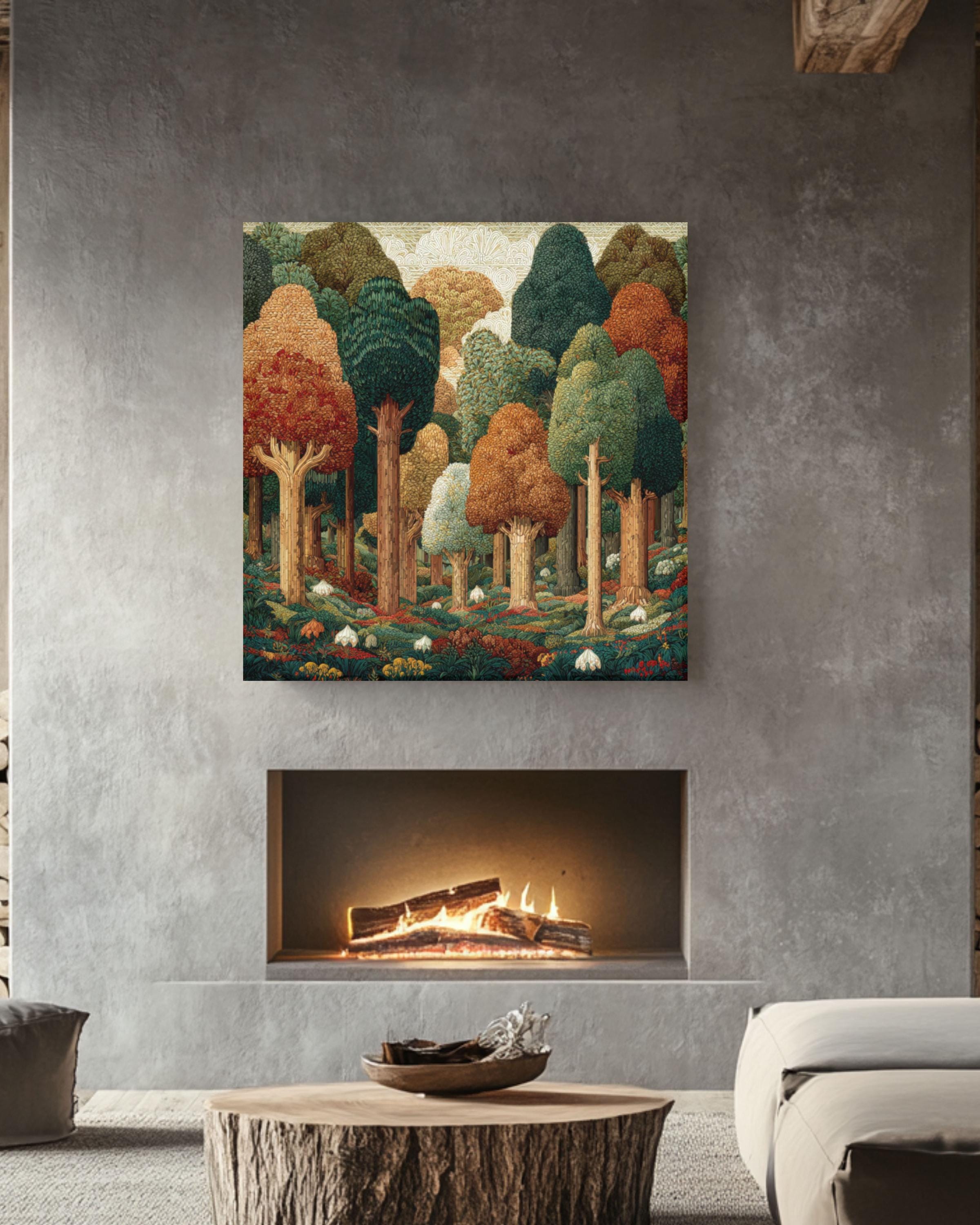William Morris Style Forest Art Print: Geometric Trees, Fall Colors Canvas Wall Art – Modern Decor Print