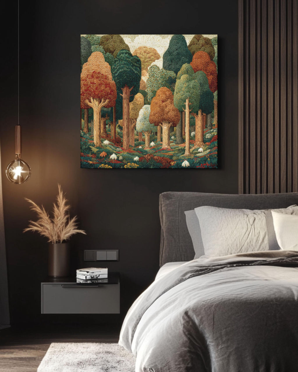 William Morris Style Forest Art Print: Geometric Trees, Fall Colors Canvas Wall Art – Modern Decor Print