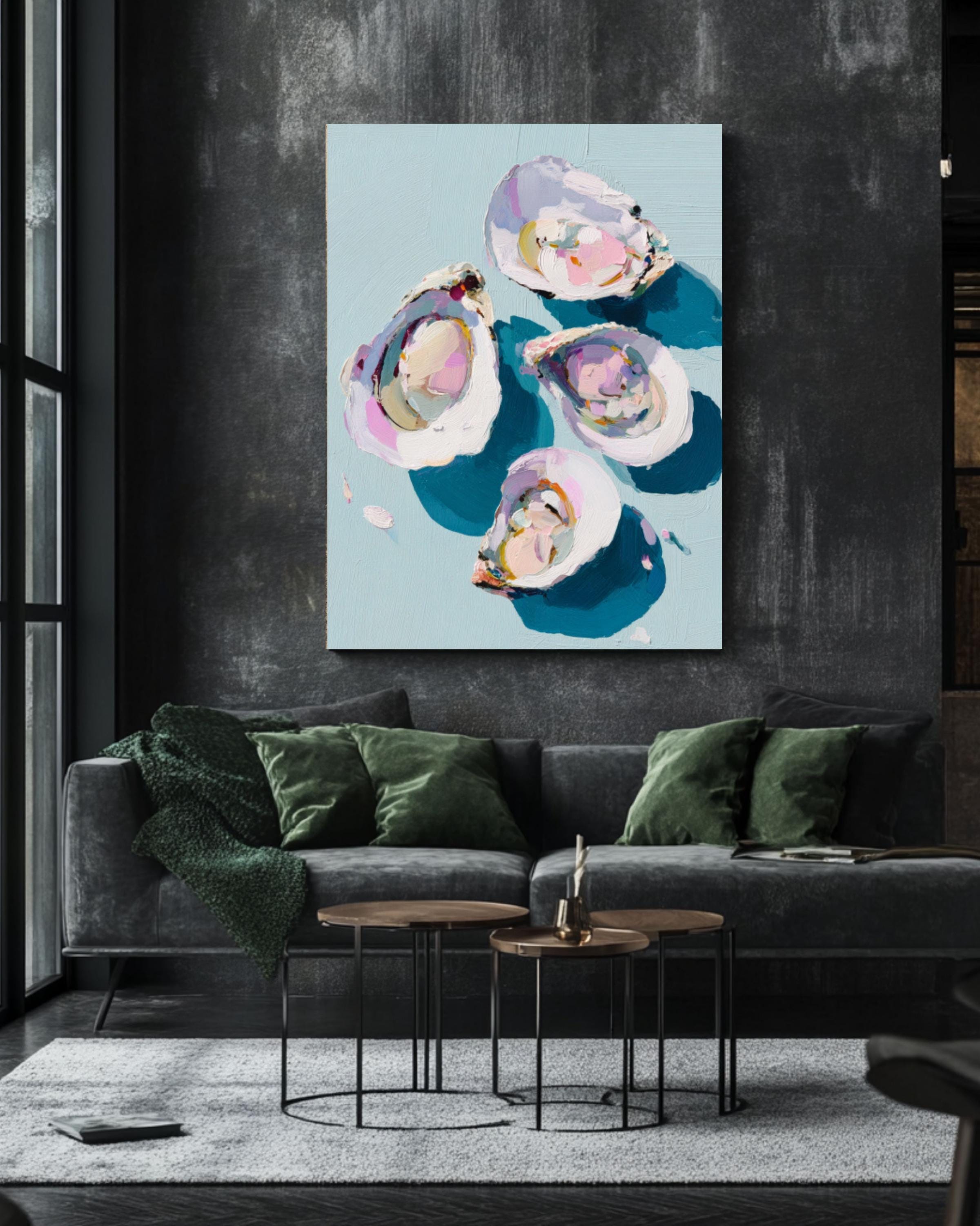 Pastel Oyster Coastal Wall Art | Minimalist Oil Painting Canvas Print