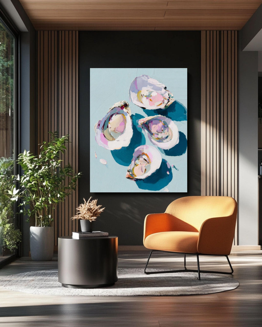 Pastel Oyster Coastal Wall Art | Minimalist Oil Painting Canvas Print