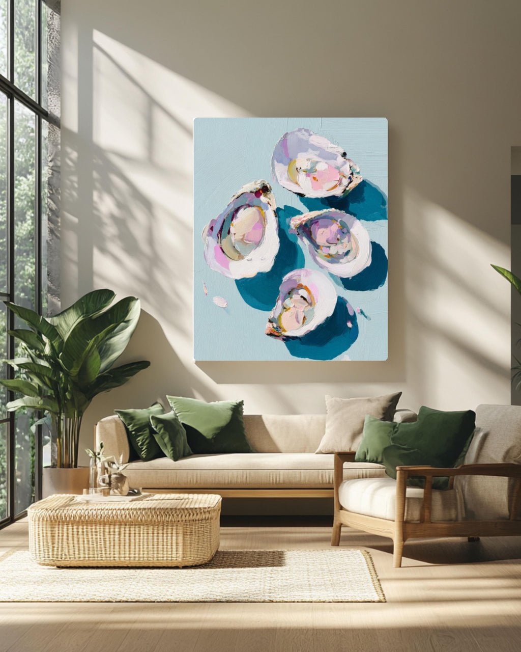 Pastel Oyster Coastal Wall Art | Minimalist Oil Painting Canvas Print