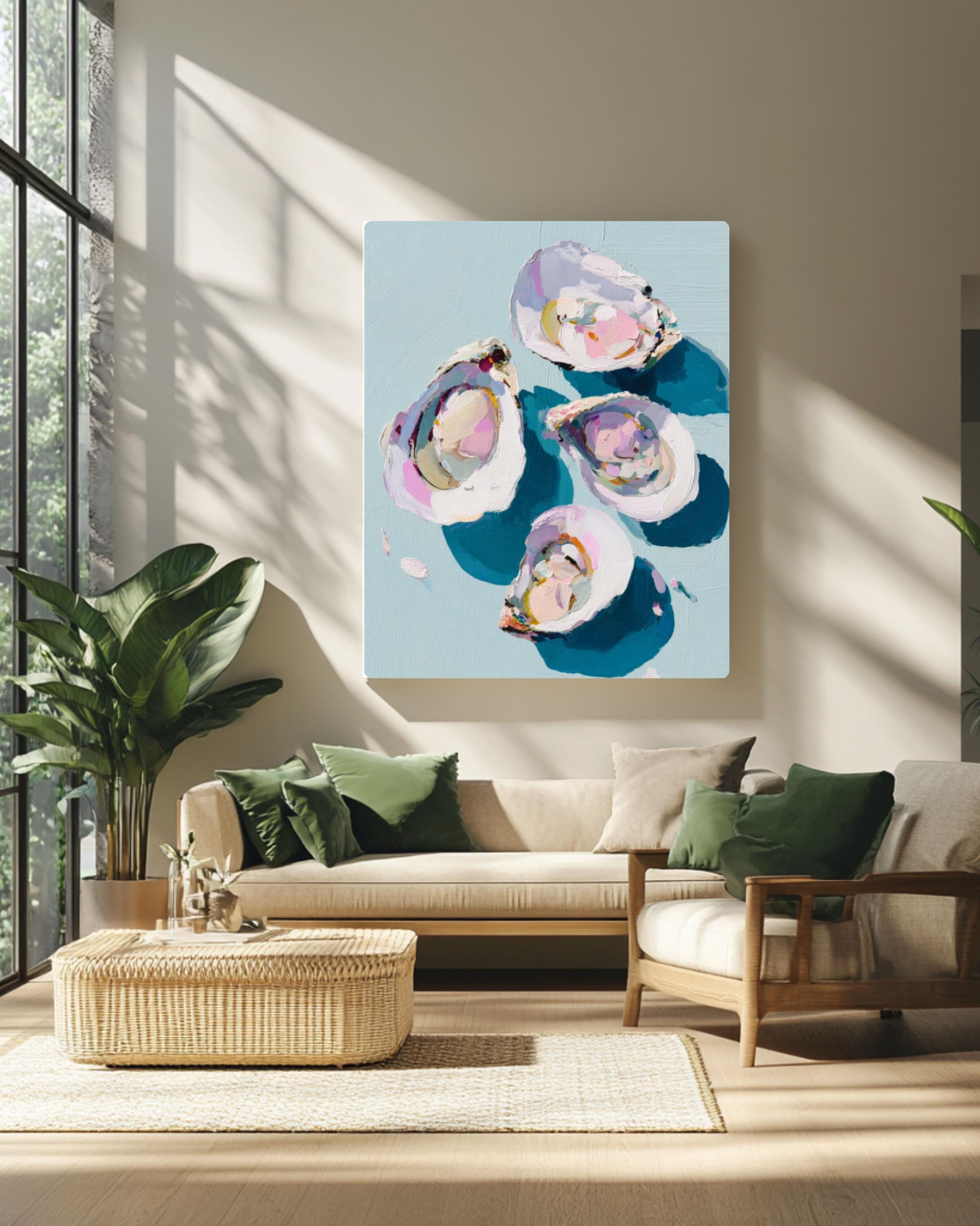 Pastel Oyster Coastal Wall Art | Minimalist Oil Painting Canvas Print