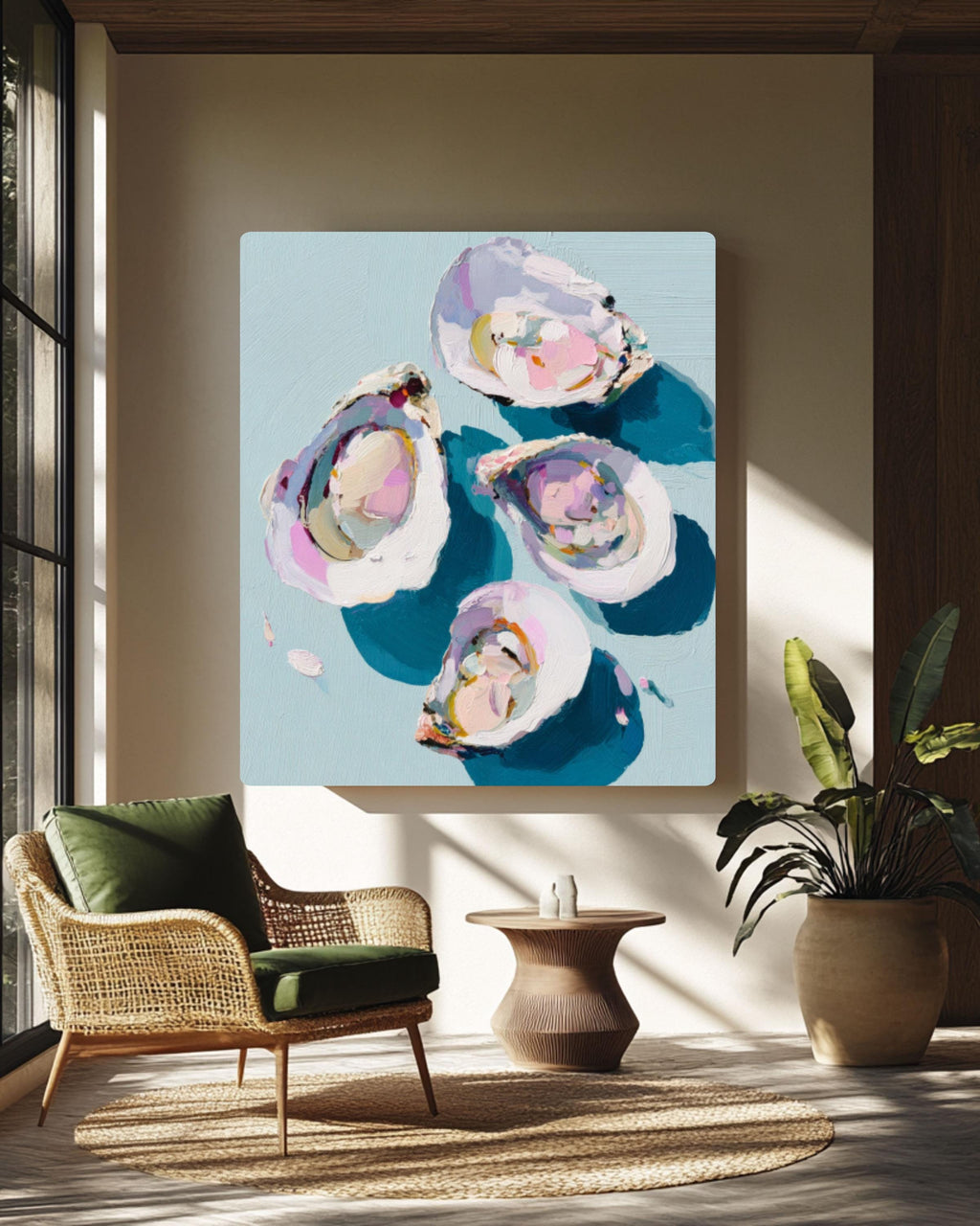 Pastel Oyster Coastal Wall Art | Minimalist Oil Painting Canvas Print