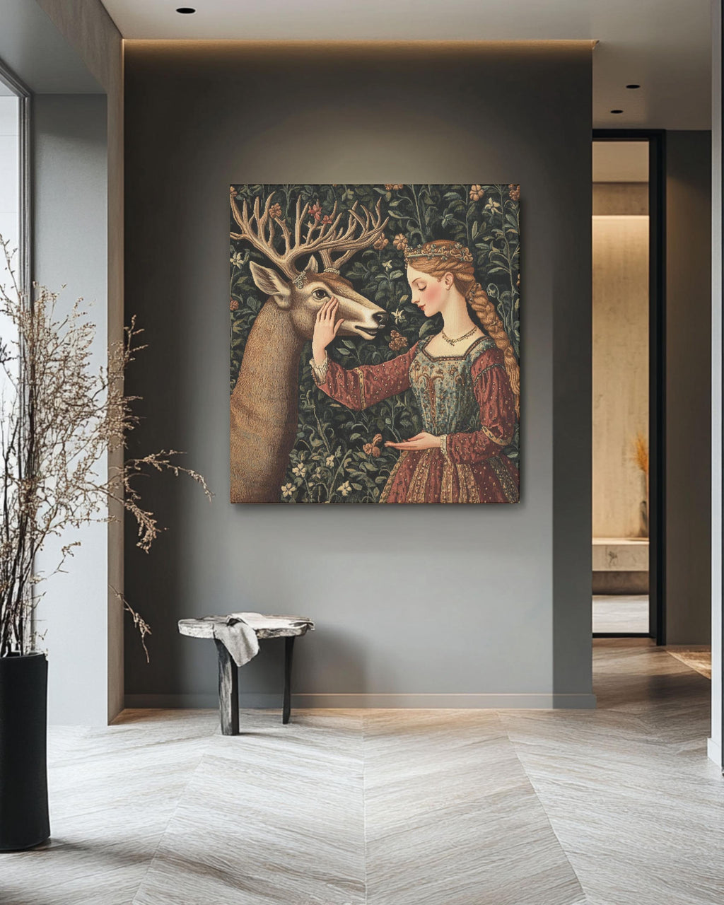 William Morris Medieval Deer Tapestry Art: Elegant Woman in Forest Canvas Wall Art – Modern Decor Print