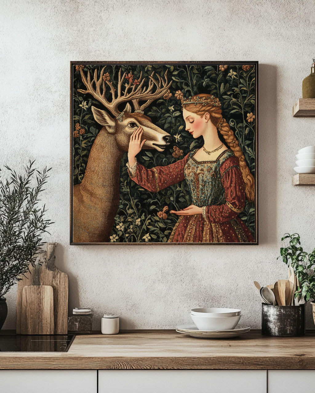 William Morris Medieval Deer Tapestry Art: Elegant Woman in Forest Canvas Wall Art – Modern Decor Print