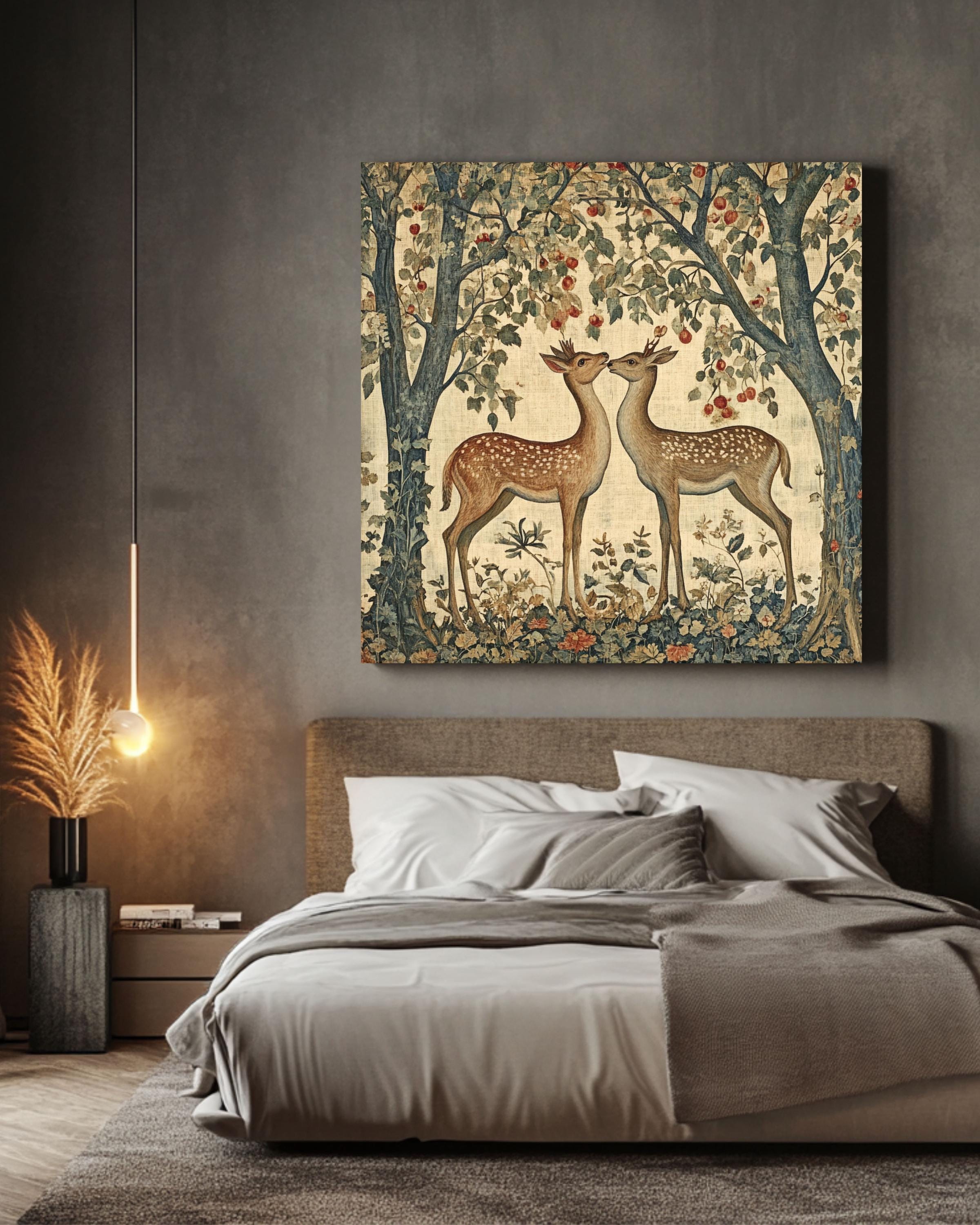 William Morris Deer & Fox Art Print: Vintage Autumn Forest Tapestry Canvas Wall Art – Modern Decor Print