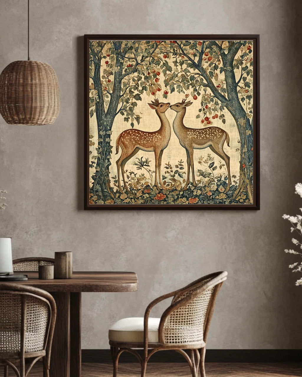 William Morris Deer & Fox Art Print: Vintage Autumn Forest Tapestry Canvas Wall Art – Modern Decor Print
