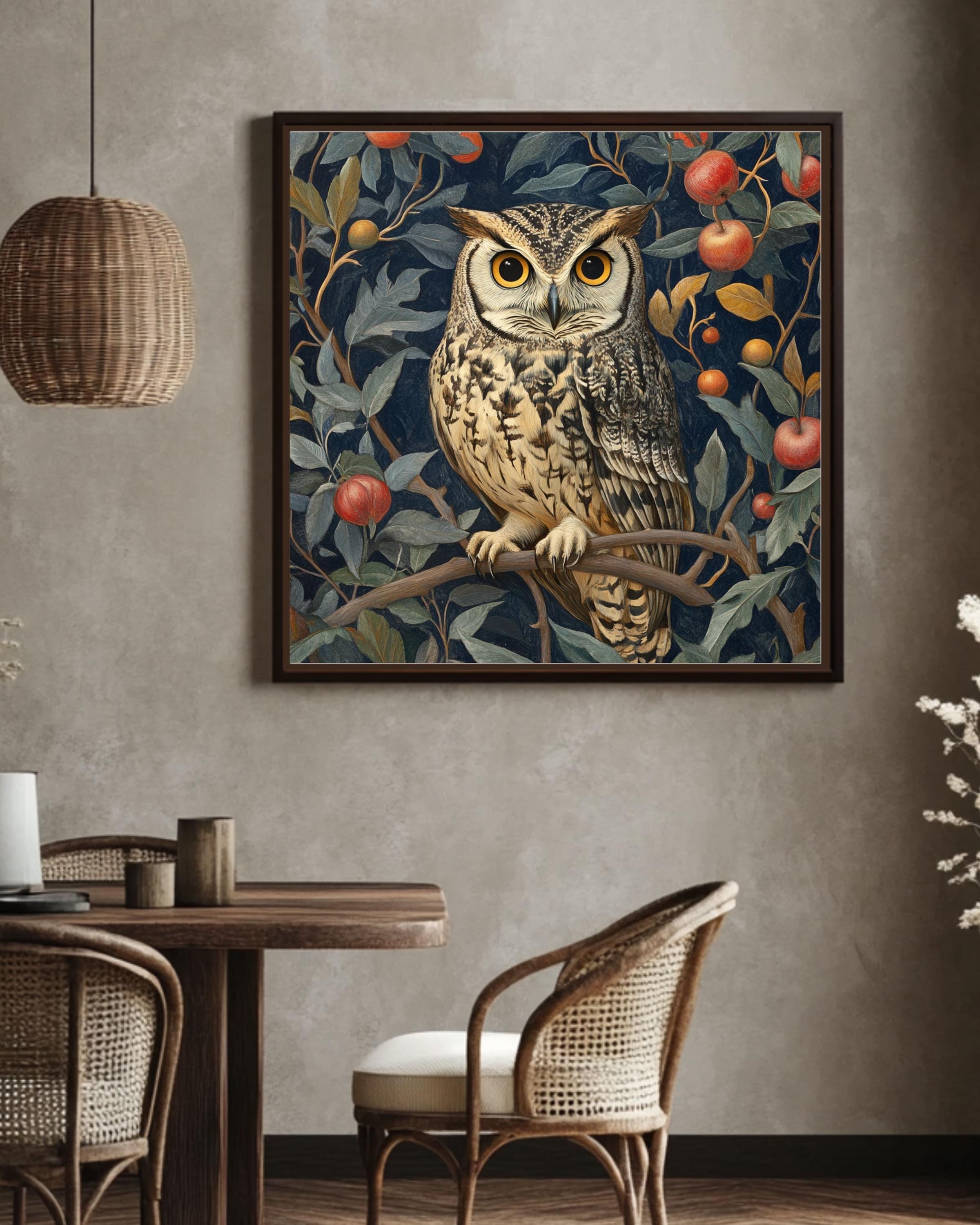 William Morris Owl Art Print: Vintage Floral Tapestry Style Canvas Wall Art – Modern Decor Print