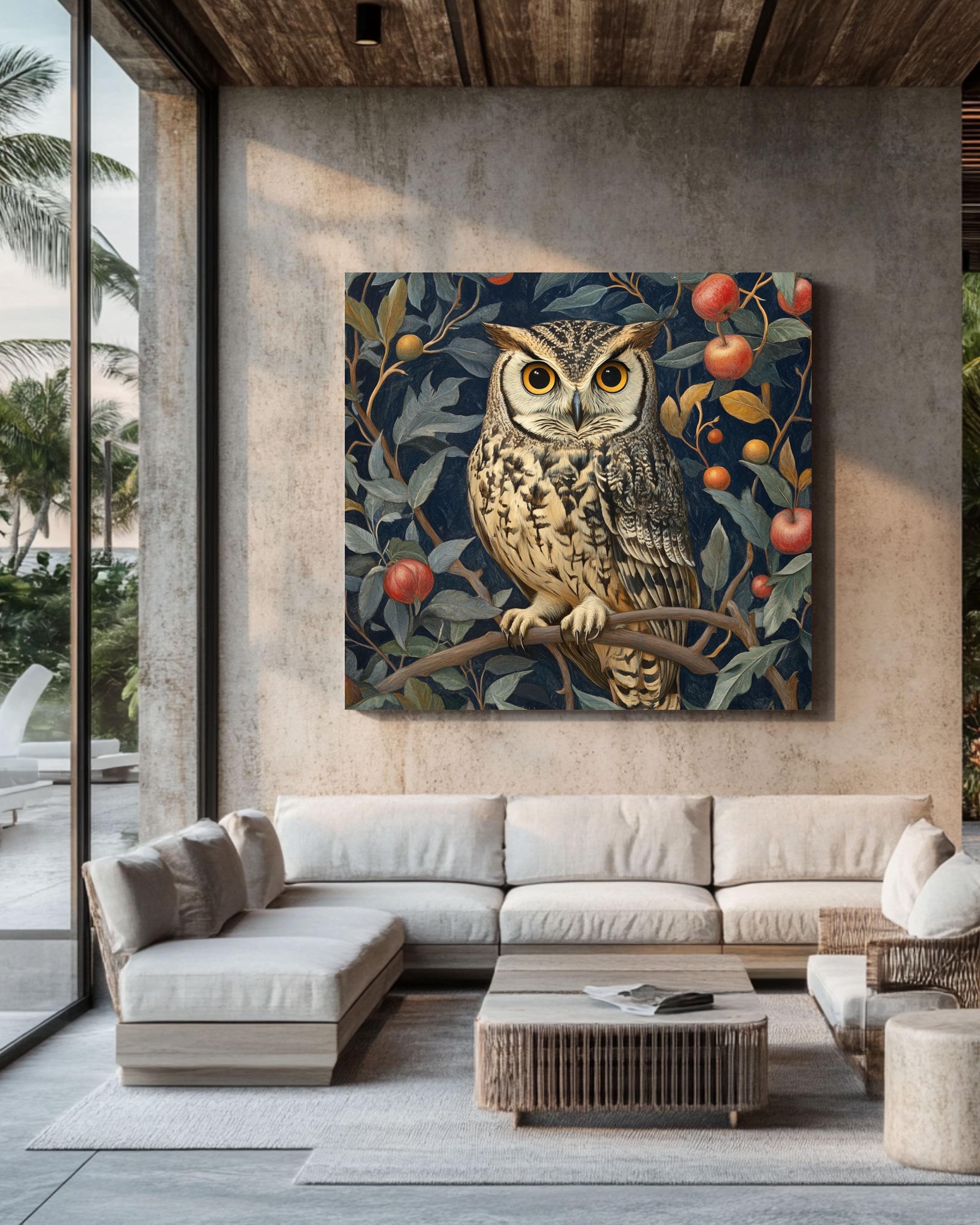 William Morris Owl Art Print: Vintage Floral Tapestry Style Canvas Wall Art – Modern Decor Print