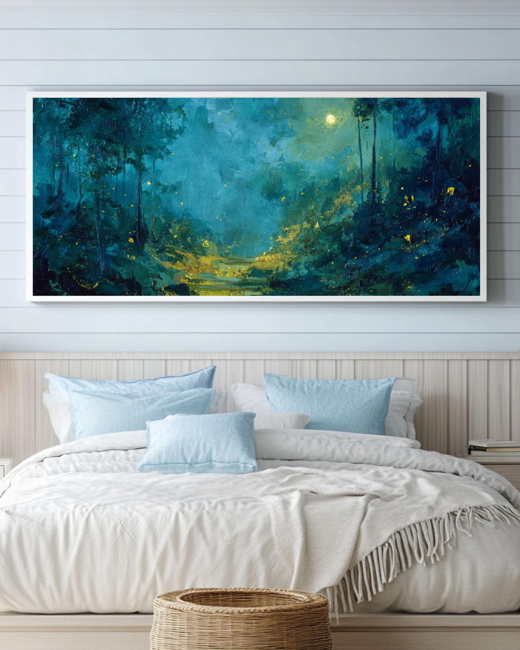 Moonlit Forest Wall Art | Teal & Gold Symbolist Style Canvas Print