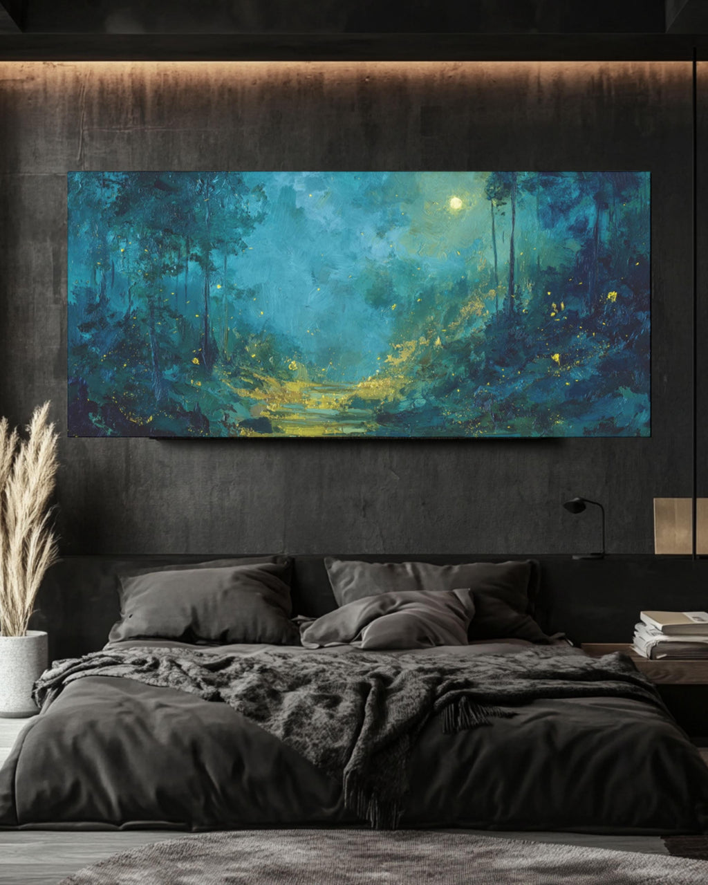 Moonlit Forest Wall Art | Teal & Gold Symbolist Style Canvas Print