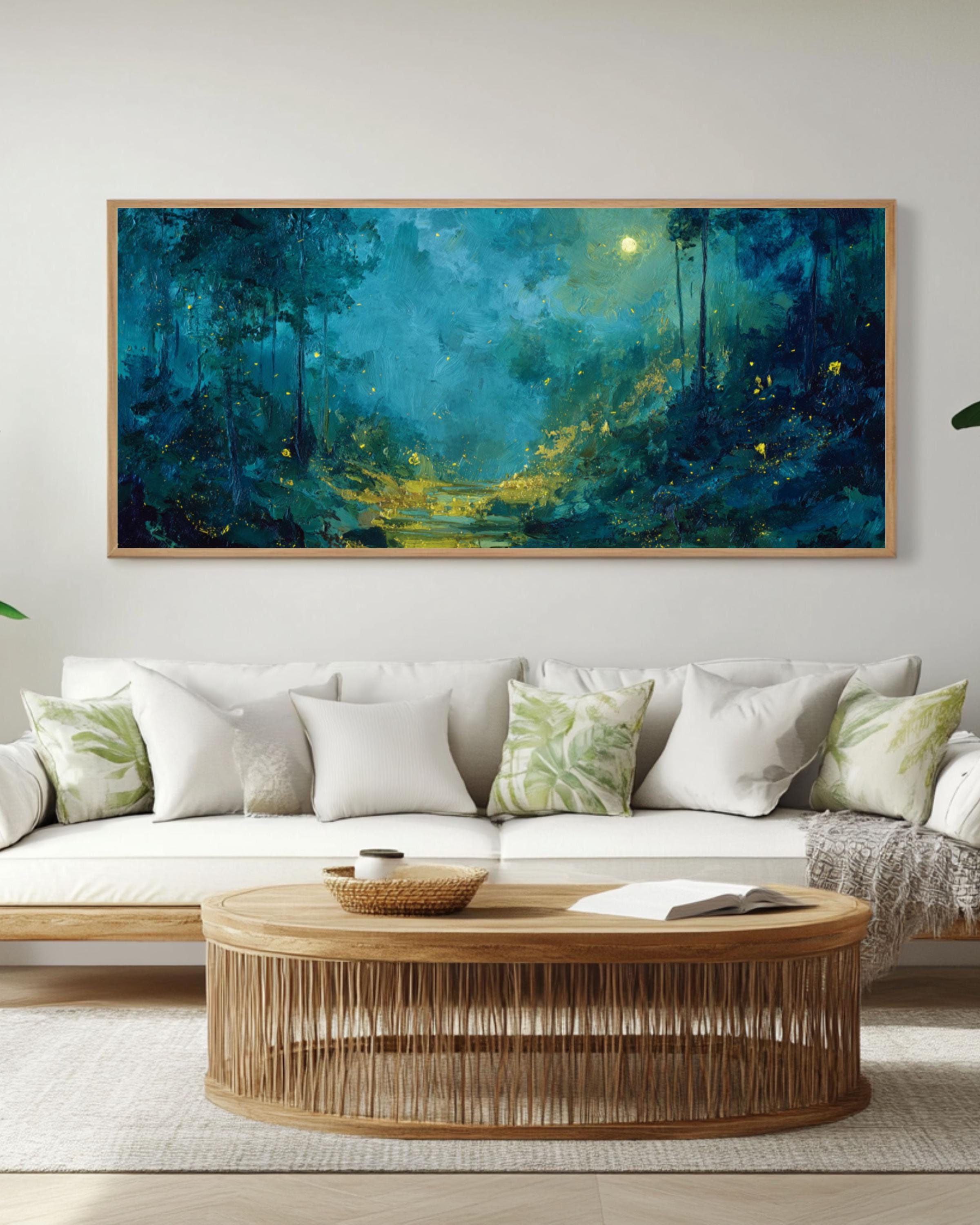 Moonlit Forest Wall Art | Teal & Gold Symbolist Style Canvas Print