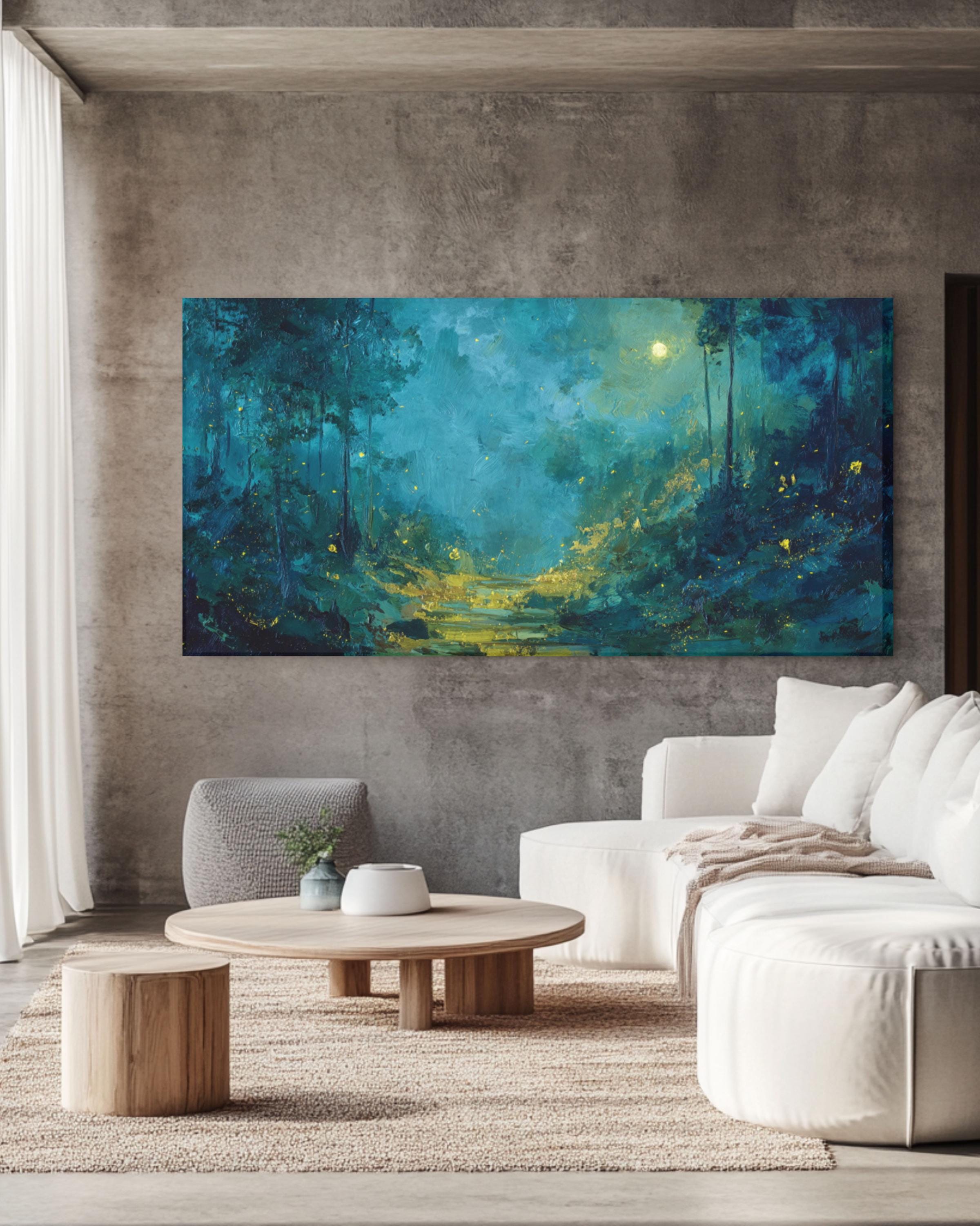 Moonlit Forest Wall Art | Teal & Gold Symbolist Style Canvas Print