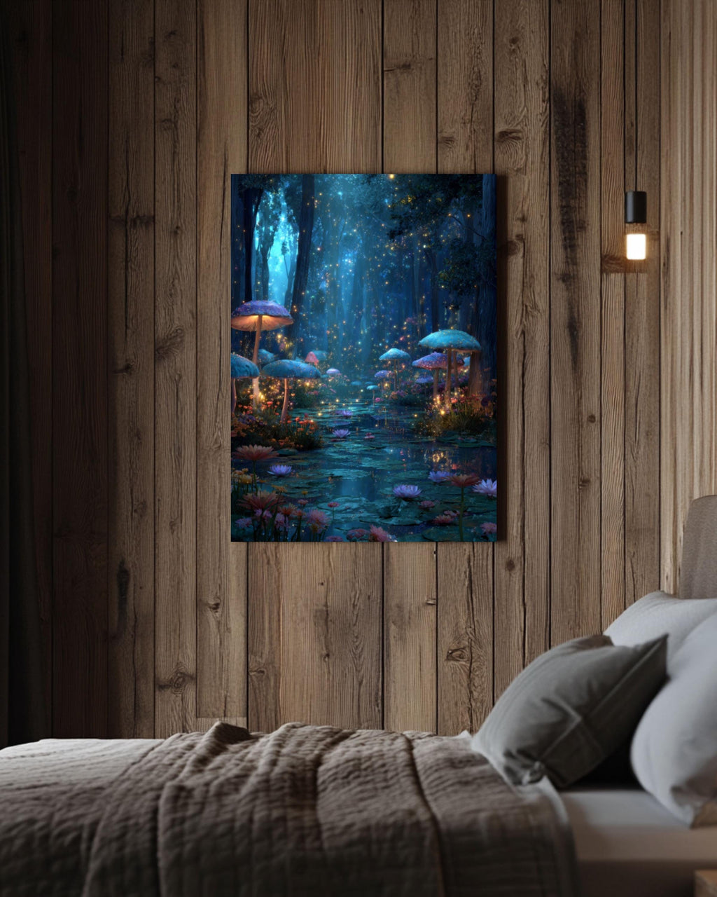 Enchanted Forest Glowing Mushrooms Wall Art | Fantasy Starry Canvas Print