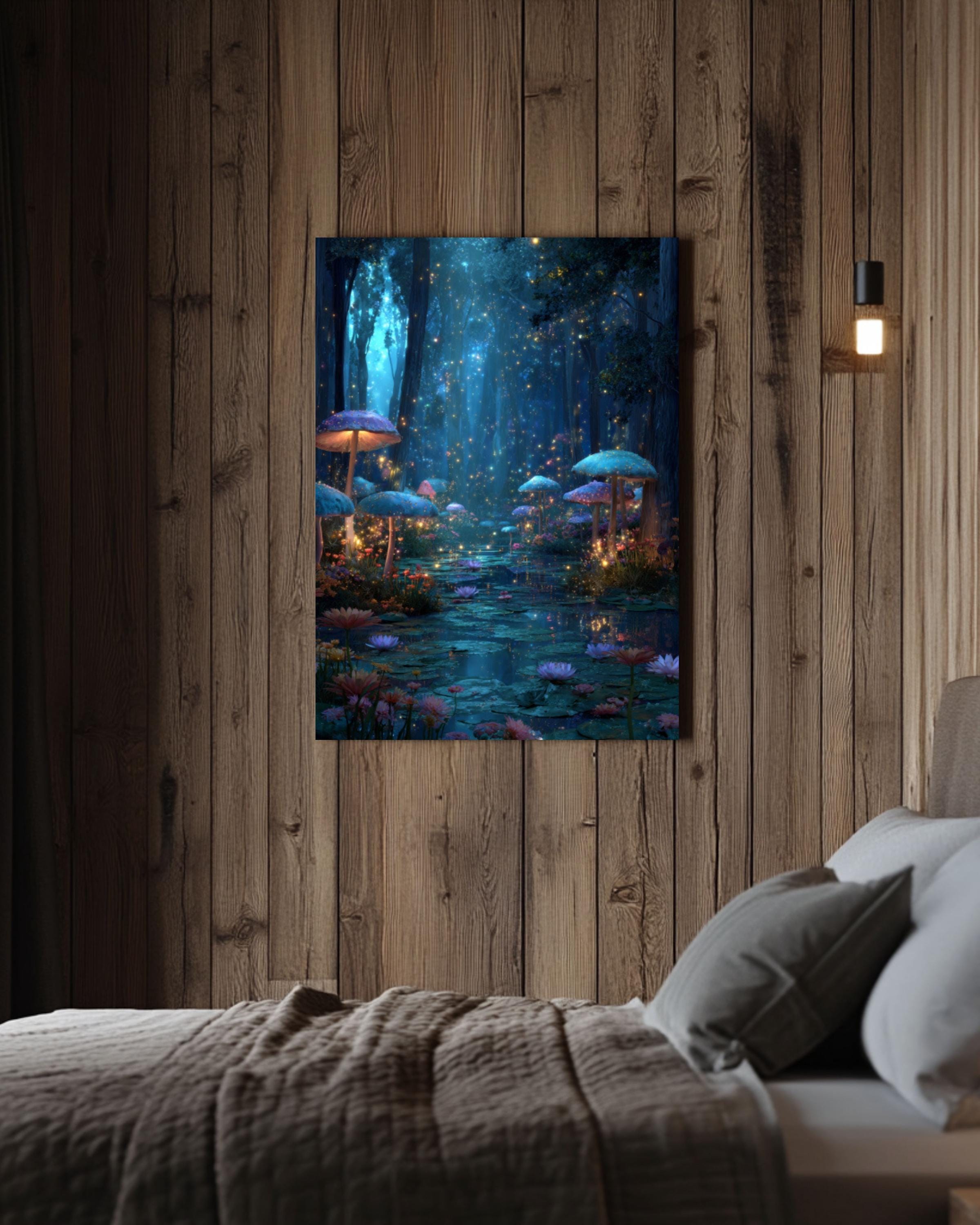 Enchanted Forest Glowing Mushrooms Wall Art | Fantasy Starry Canvas Print