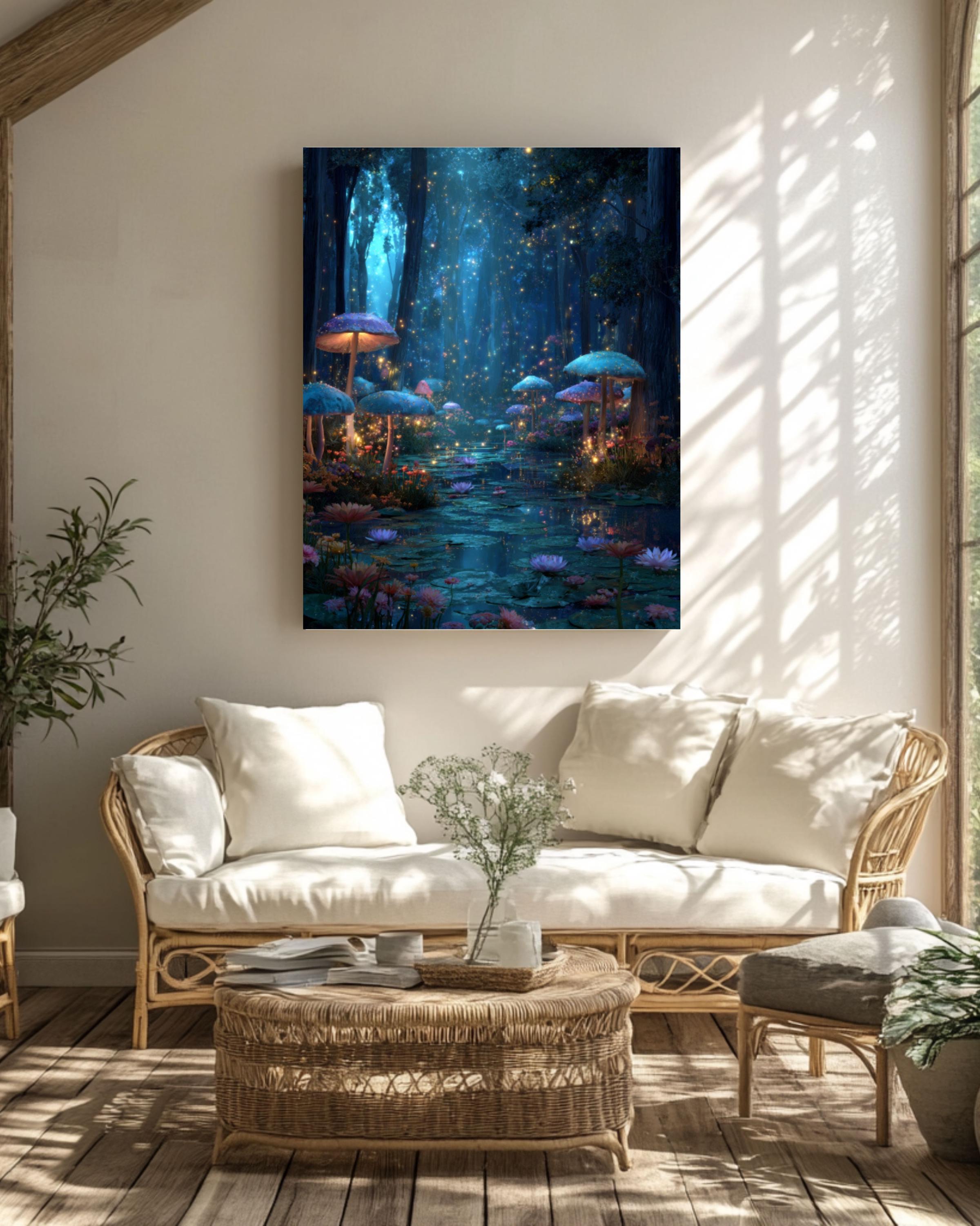 Enchanted Forest Glowing Mushrooms Wall Art | Fantasy Starry Canvas Print